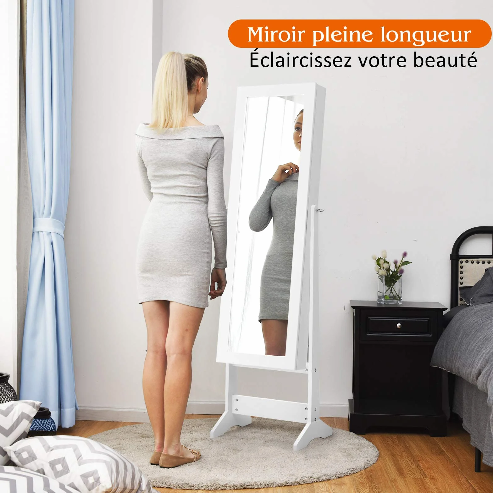 COSTWAY Armoire à bijoux sur Pied avec Miroir Psyché Coffre de Rangement Cosmétiques, 3 Positions Réglables, Blanc