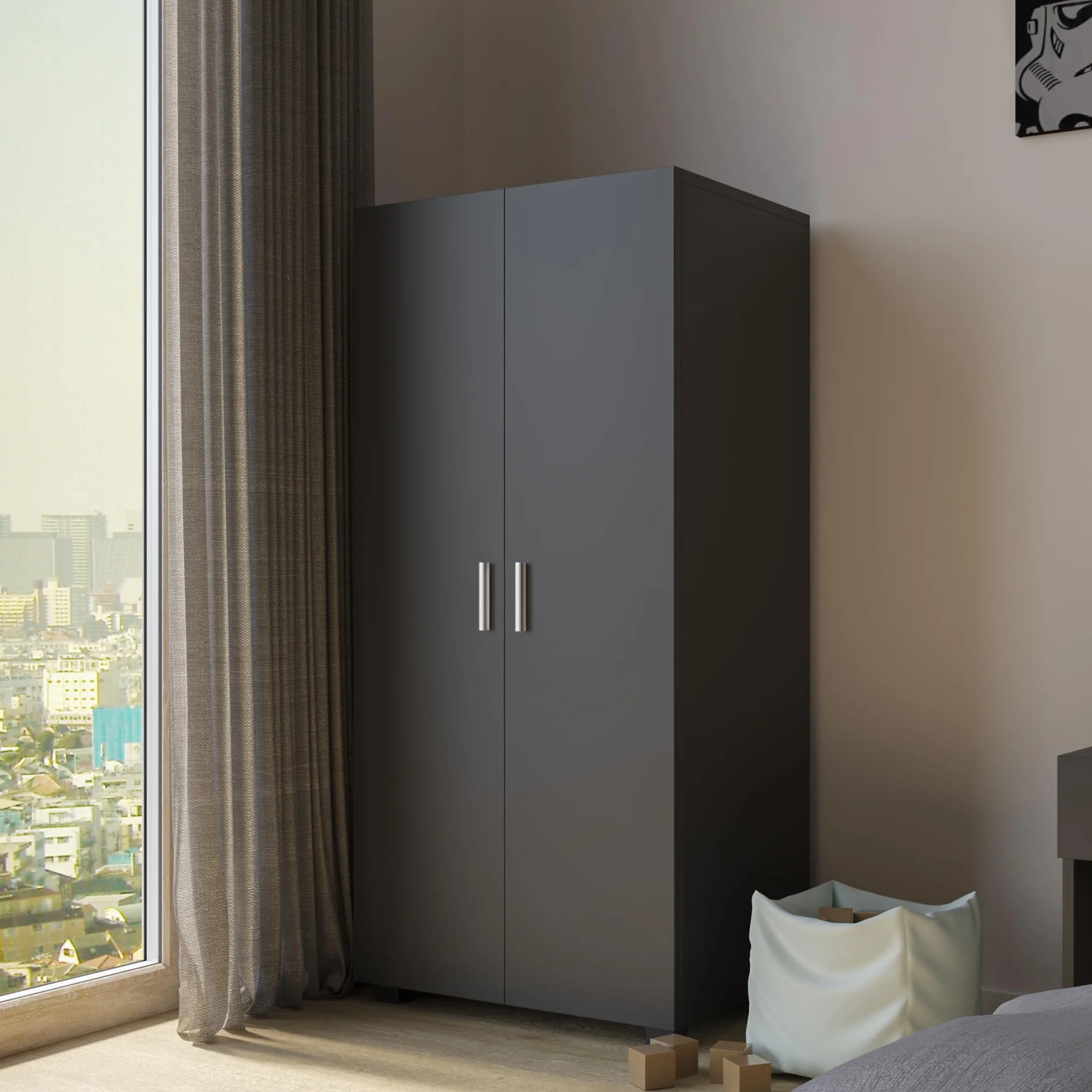 URBNLIVING Orlando Armoire en bois 2 portes avec barre suspendue noir