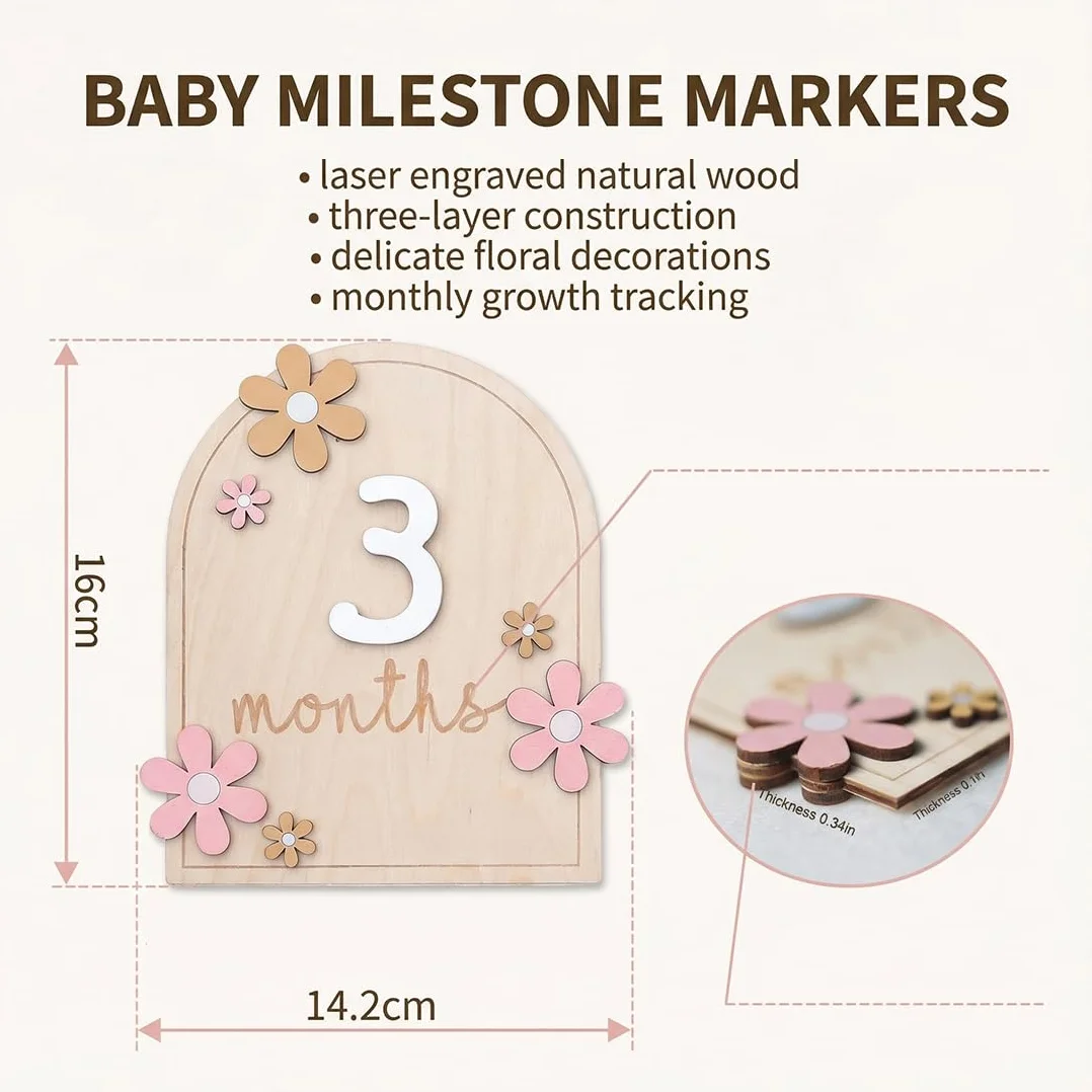Cartes Mensuelles en Bois pour Bébé Style Floral 0-12 Mois Accessoires Photo Cadeau de Naissance
