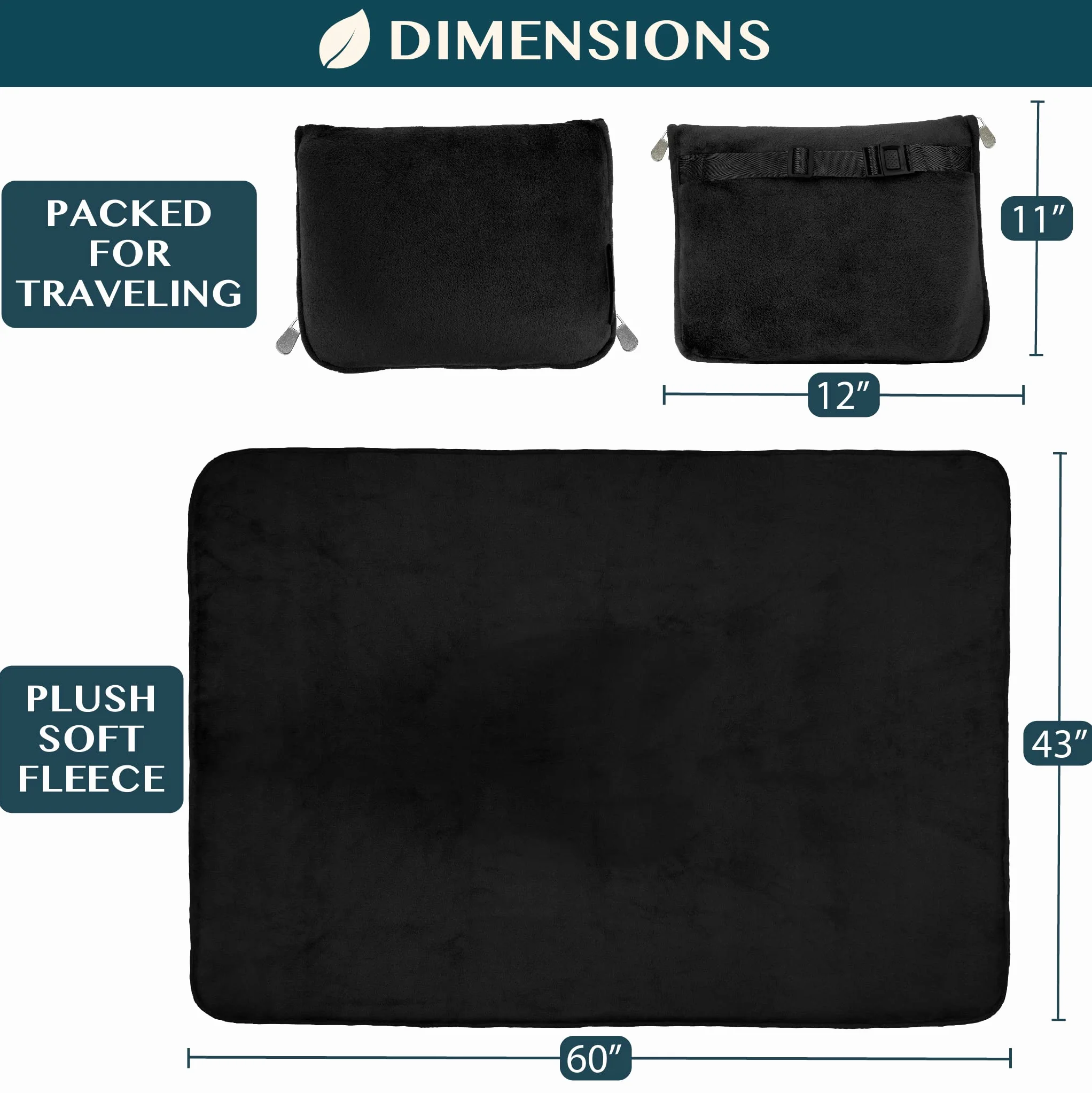 PAVILIA Travel Blanket Pillow 2-in-1 Combo Set, Compact Packable Plane Blanket, Flight Essentials Car Pillow, 60x43 Black