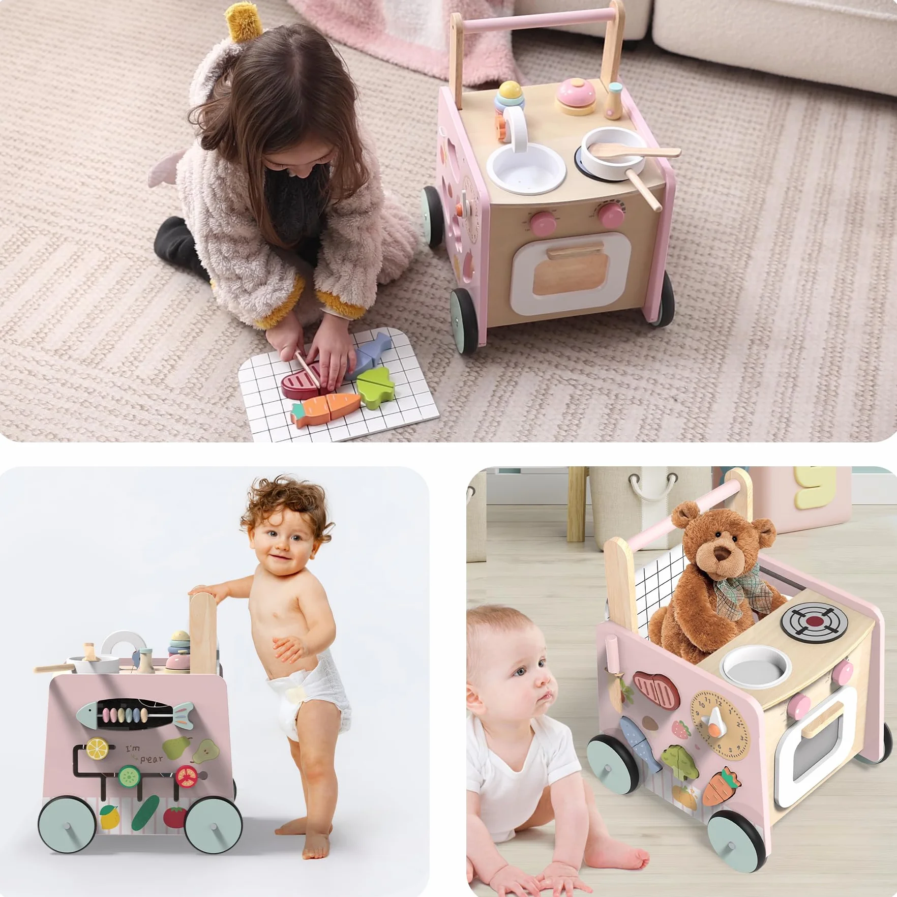 Trotteur Bébé en Bois 9 en 1 Chariot de Marche avec Jouets Montessori et Cuisine de Jeu