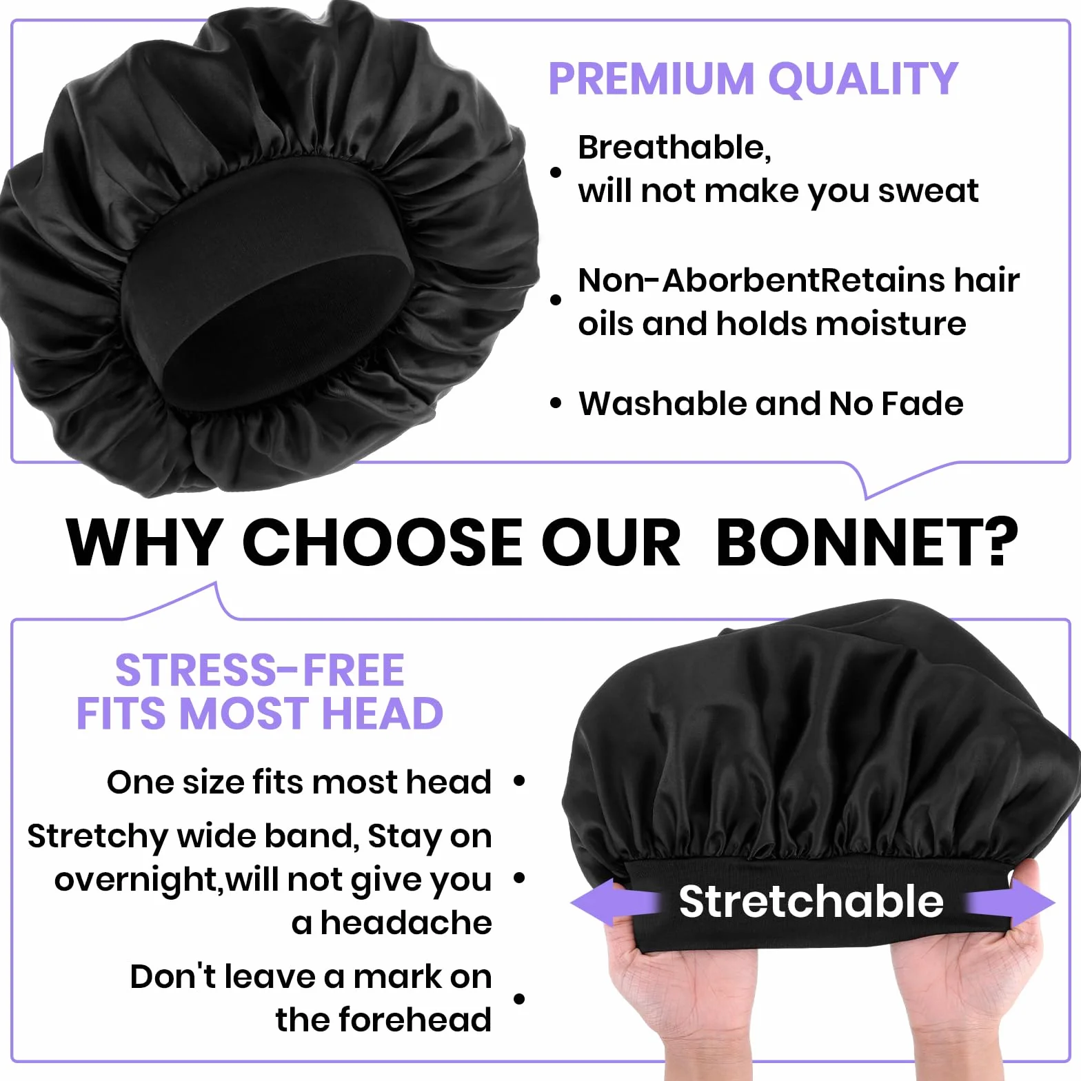 Bonnet en soie double couche élastique noir réglable pour homme femme