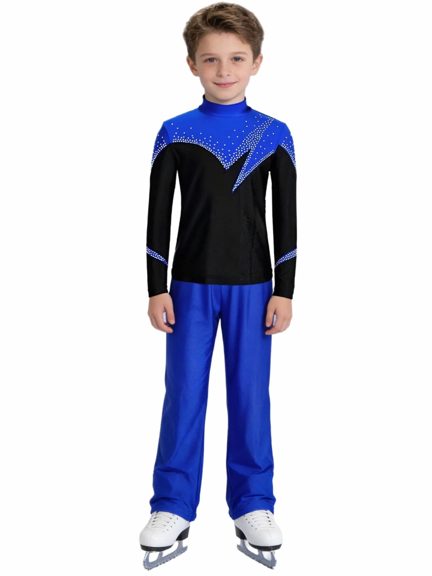 Ranrann Enfant Garçon Ensemble Patinage Artistique Danse Gymanstique Haut Manches Longues Strass avec Pantalon Tenue Compétition