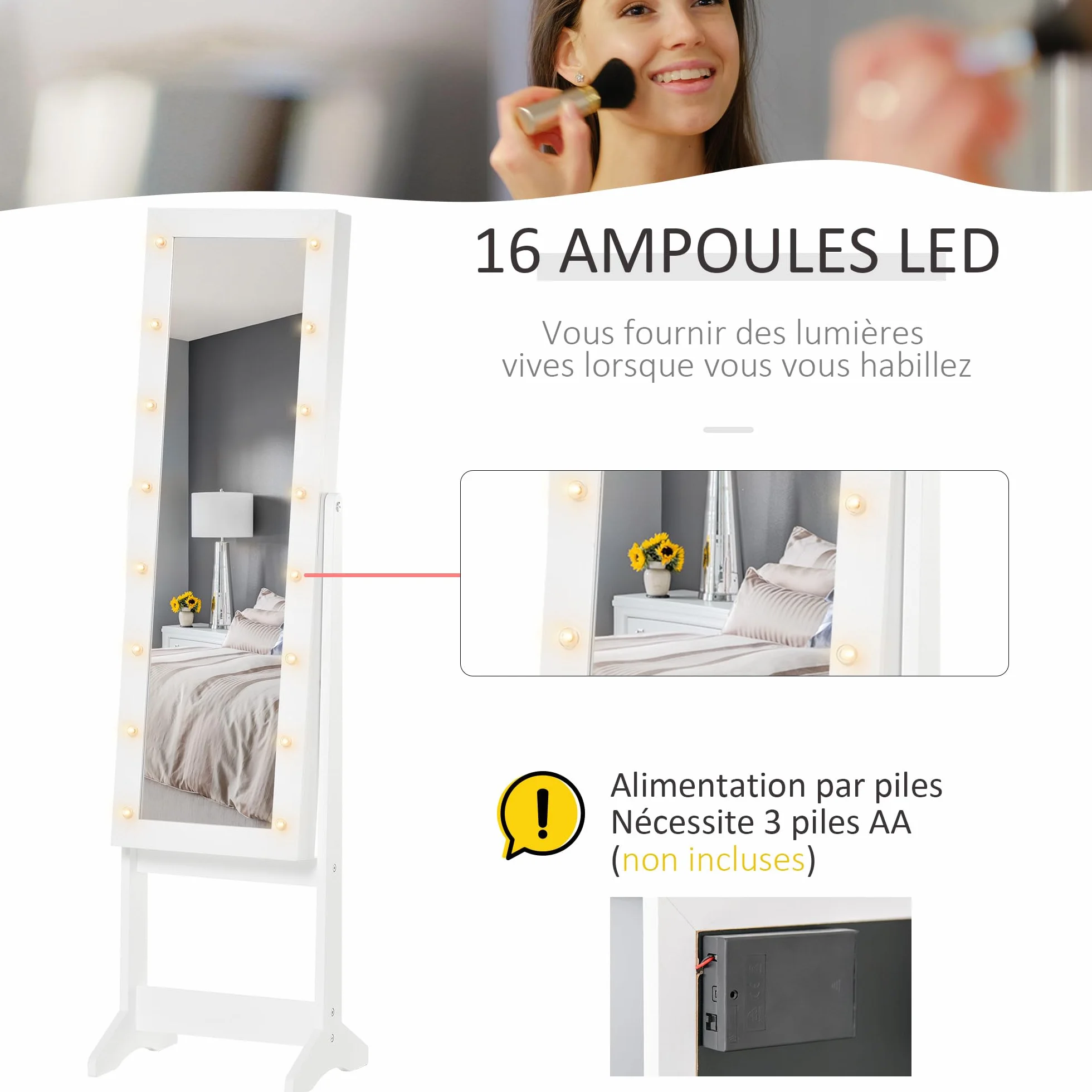 HOMCOM Armoire à bijoux avec miroir et éclairage LED blanc