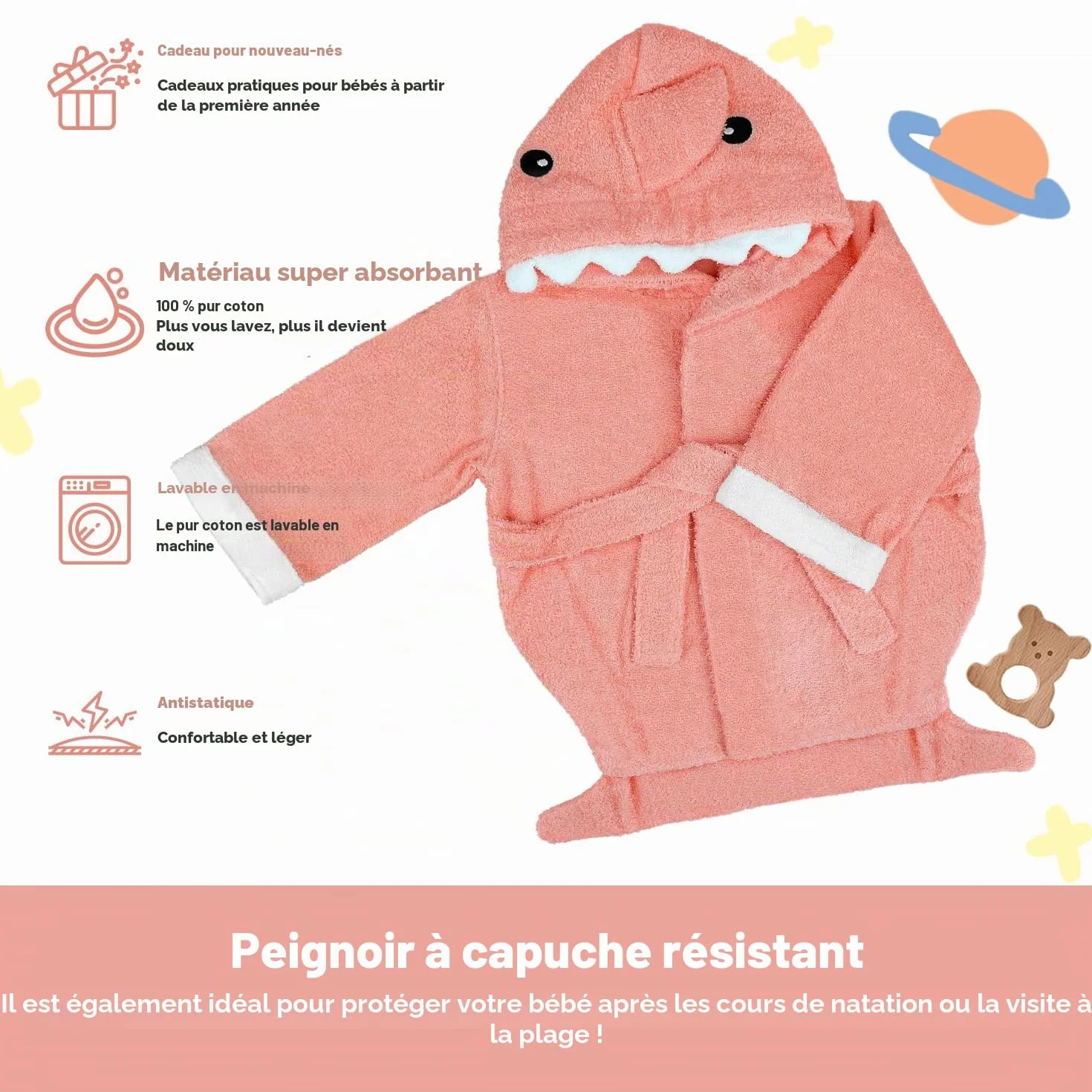 Lexikind Serviette à Capuche Bébé Peignoir de Bain Tissu Éponge Requin Rose