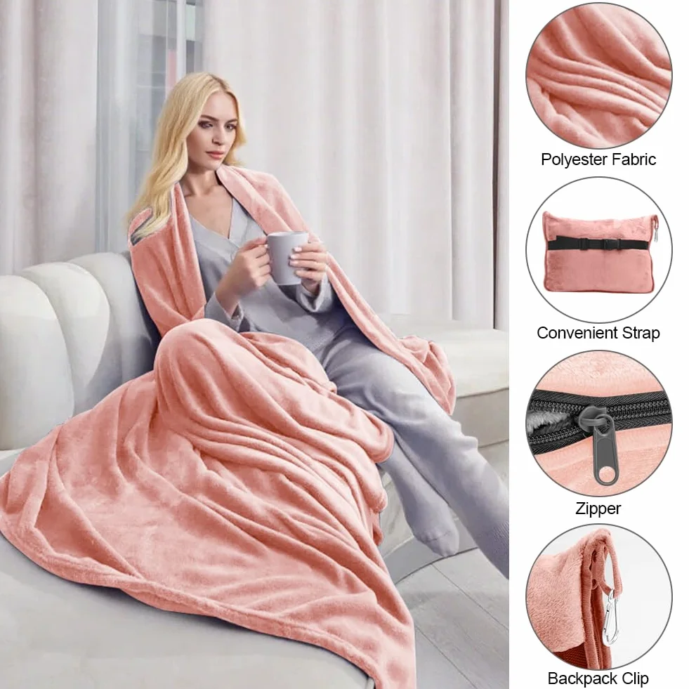 Couverture de Voyage 2 en 1 127 x 152 cm Douce et Chaude Ultra légère pour Avion Voiture Bureau (Rose Chair)