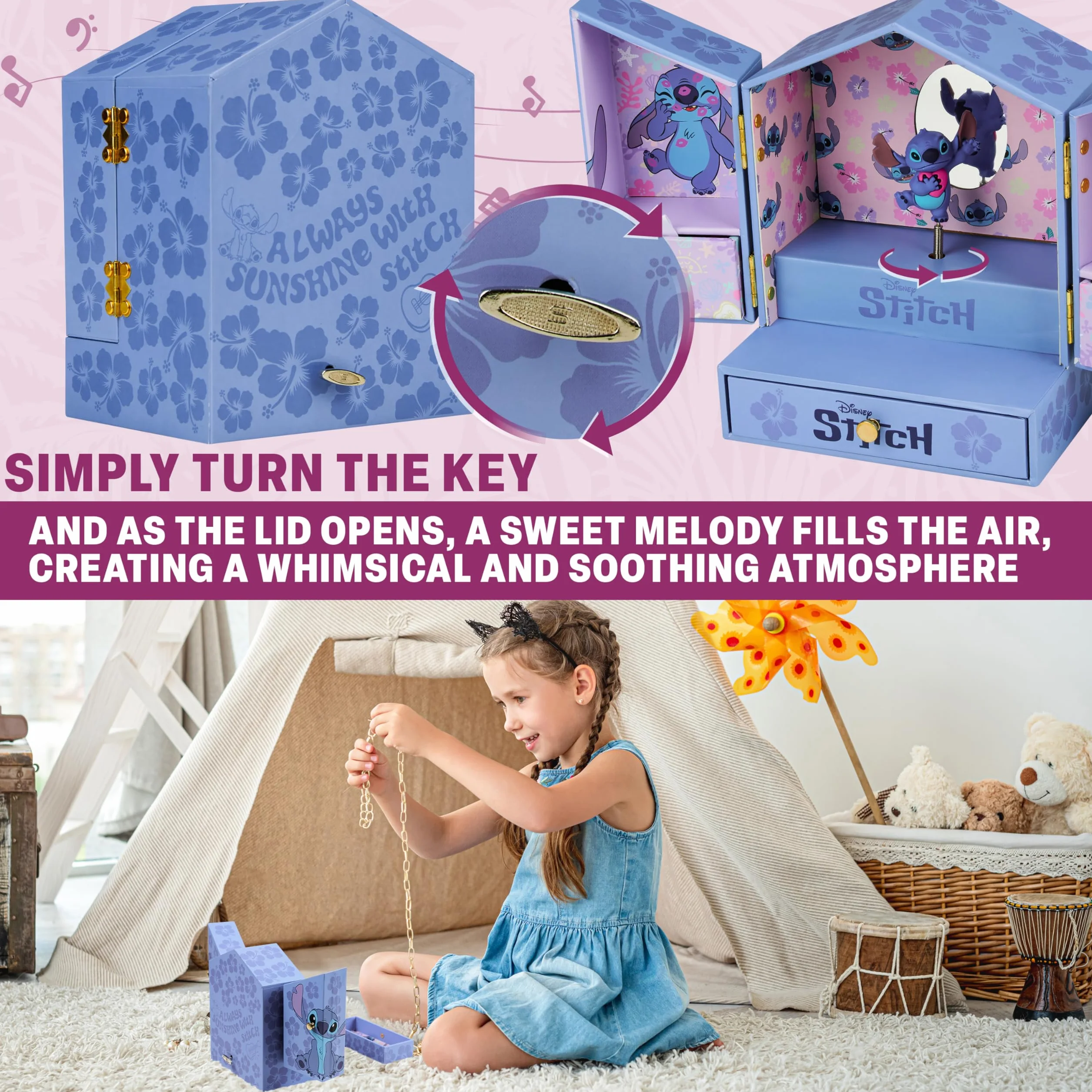 Disney Stitch Boîte à Bijoux Musicale Fille Coffret Cadeau avec Miroir Tiroirs Rangement Bleu