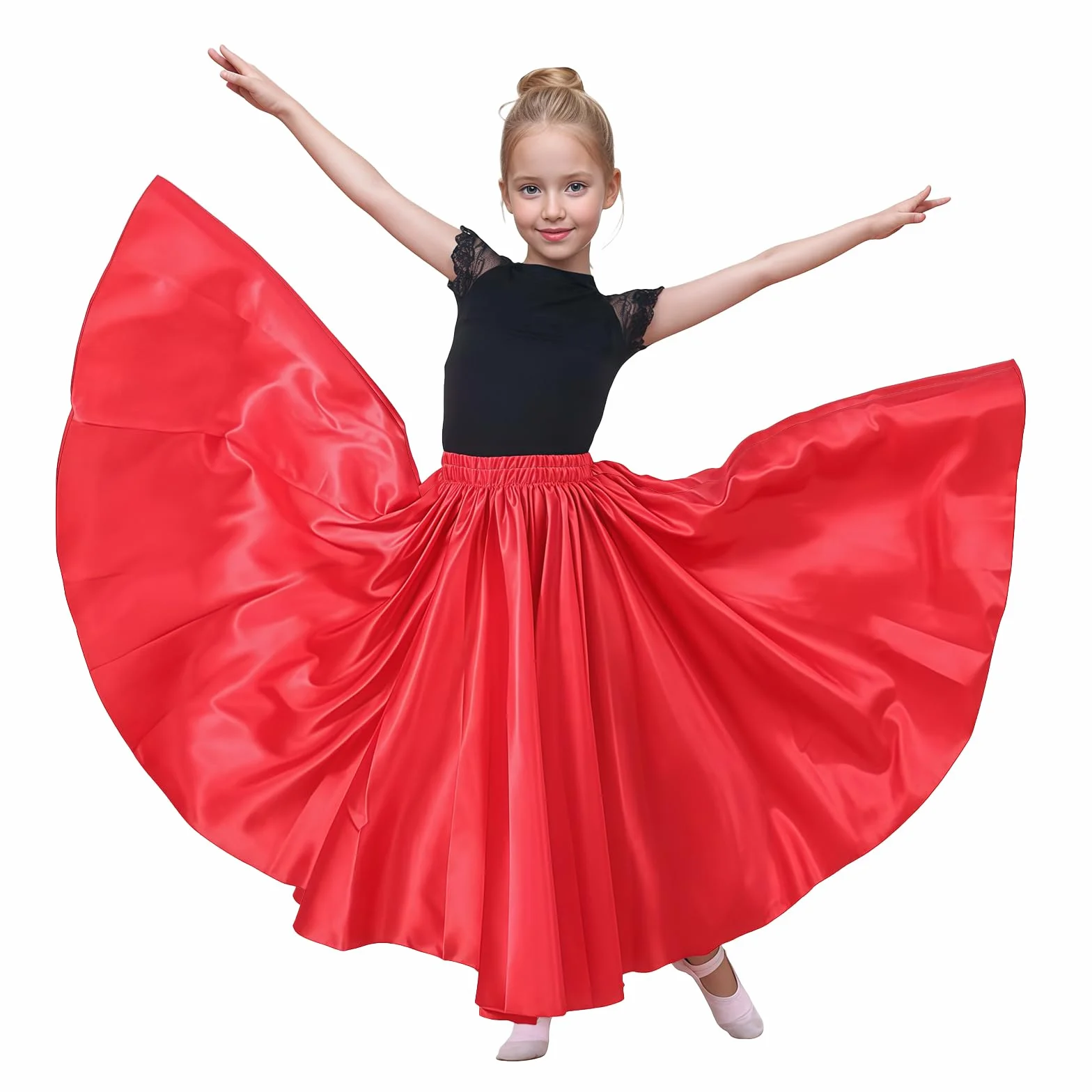 Jupe de Danse Orientale pour Fille, Jupe Longue en Satin Brillant pour Danse du Ventre, Flamenco