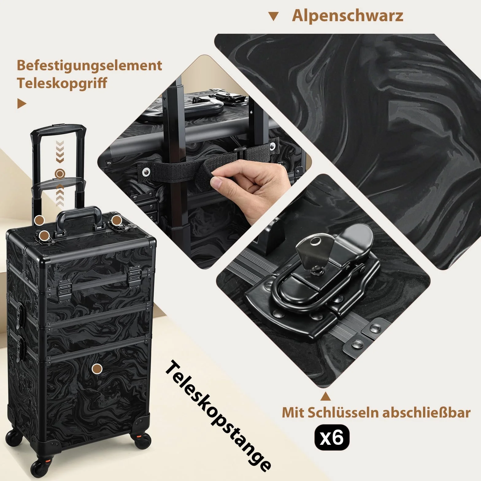 Valise Maquillage à roulettes 3 en 1 Alpine Noir, Grande Malette Coiffure Ongles multifonctionnelle