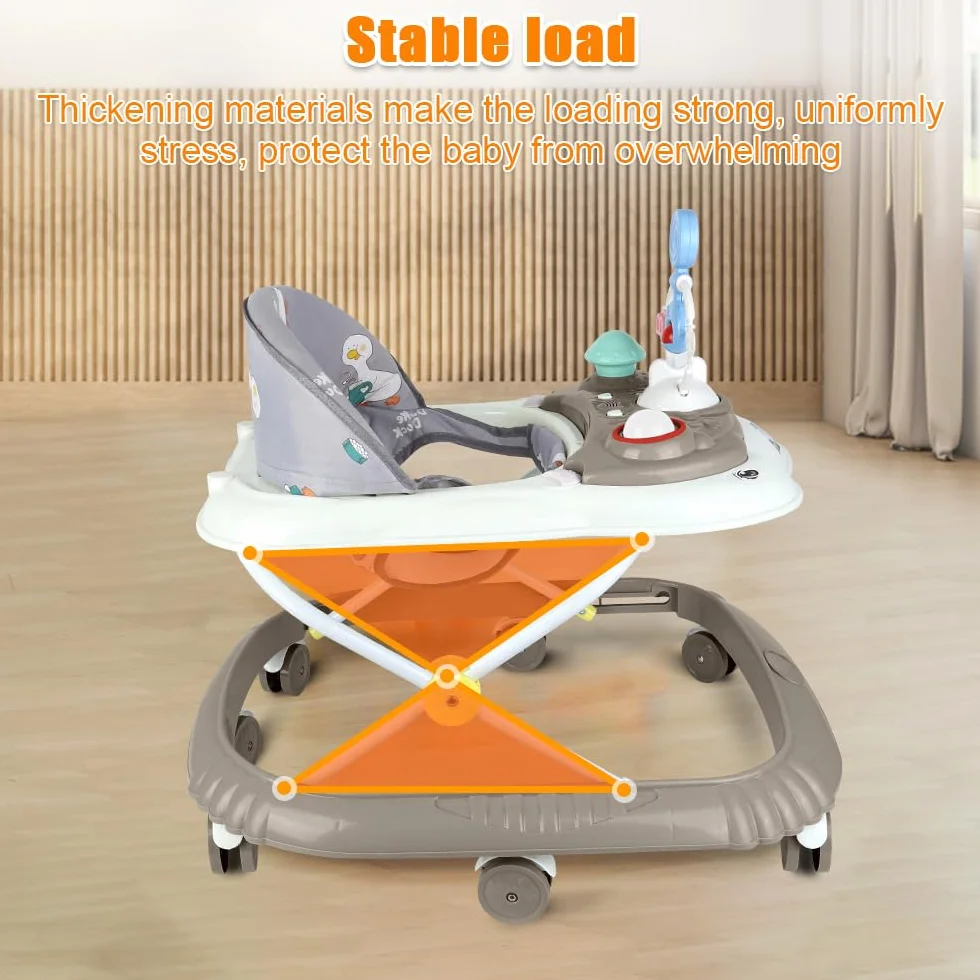 Trotteur 4 en 1 Pliable pour Bébé avec Plateau de Jeux Interactif, Base Anti-basculement, Roues Silicone, 4 Positions Hauteur, 6-18 Mois