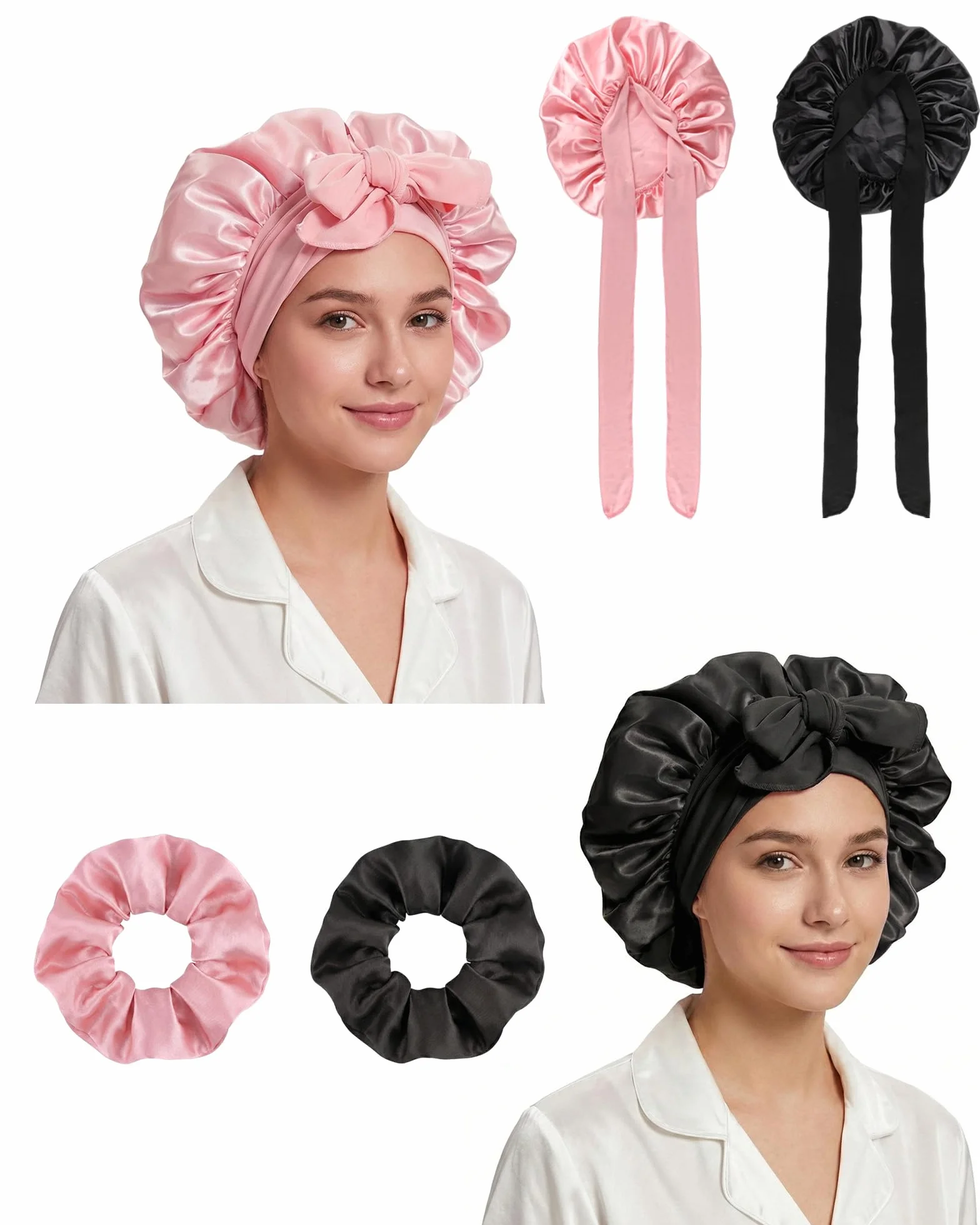 Lot de 2 Bonnet Satin Cheveux Nuit pour Femmes Cheveux Longs Bouclés Doux Respirant
