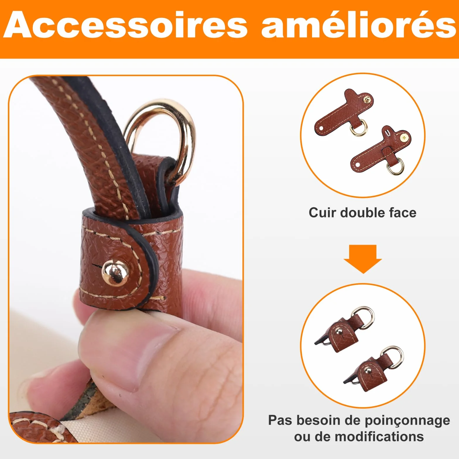 Bandoulière pour Sac Longchamp Mini Femme, Cuir Double Face Cognac, Sangle Sac Bandoulière, Anse Sac à Main, No-Punch Strap Mini (Largeur 1.2cm)