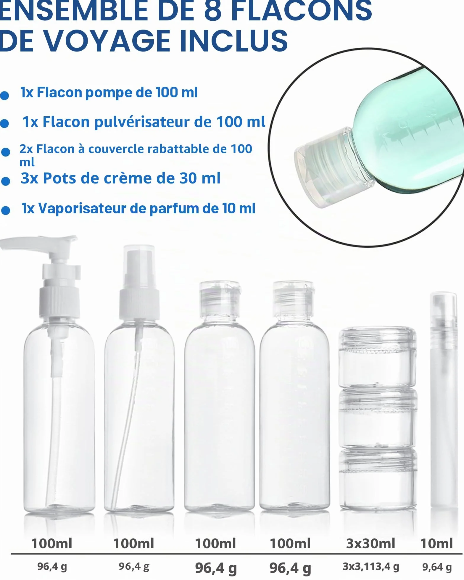 Kit de Voyage Transparent Trousse de Toilette 5pcs Bouteilles Vides 100ml Étiquettes Vierges Feutres Encre Permanente