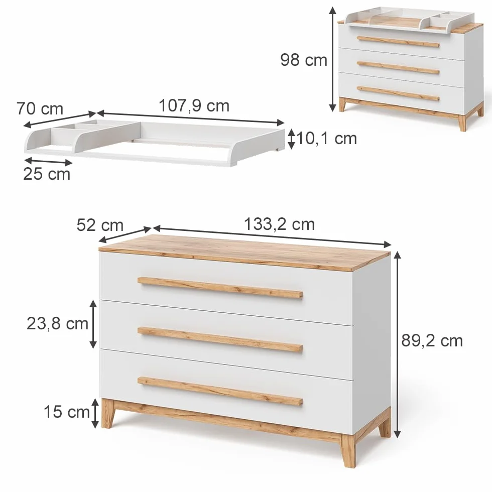 VitaliSpa Table à Langer Malia Blanc Artisan 133.2x98cm 3 tiroirs Plan à Langer Amovible Commode