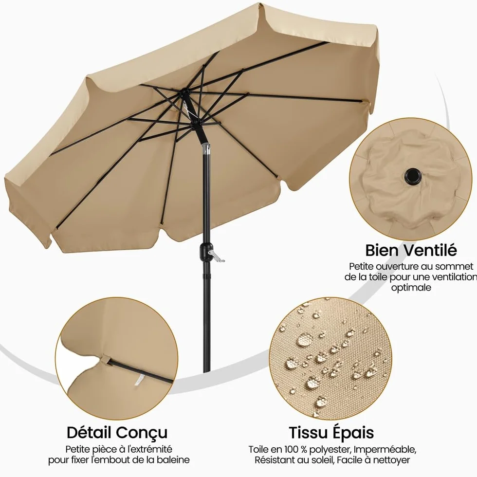 Yaheetech Parasol de Jardin Extérieur 268 cm Inclinable 8 Baleines avec Manivelle Protection Solaire Kaki