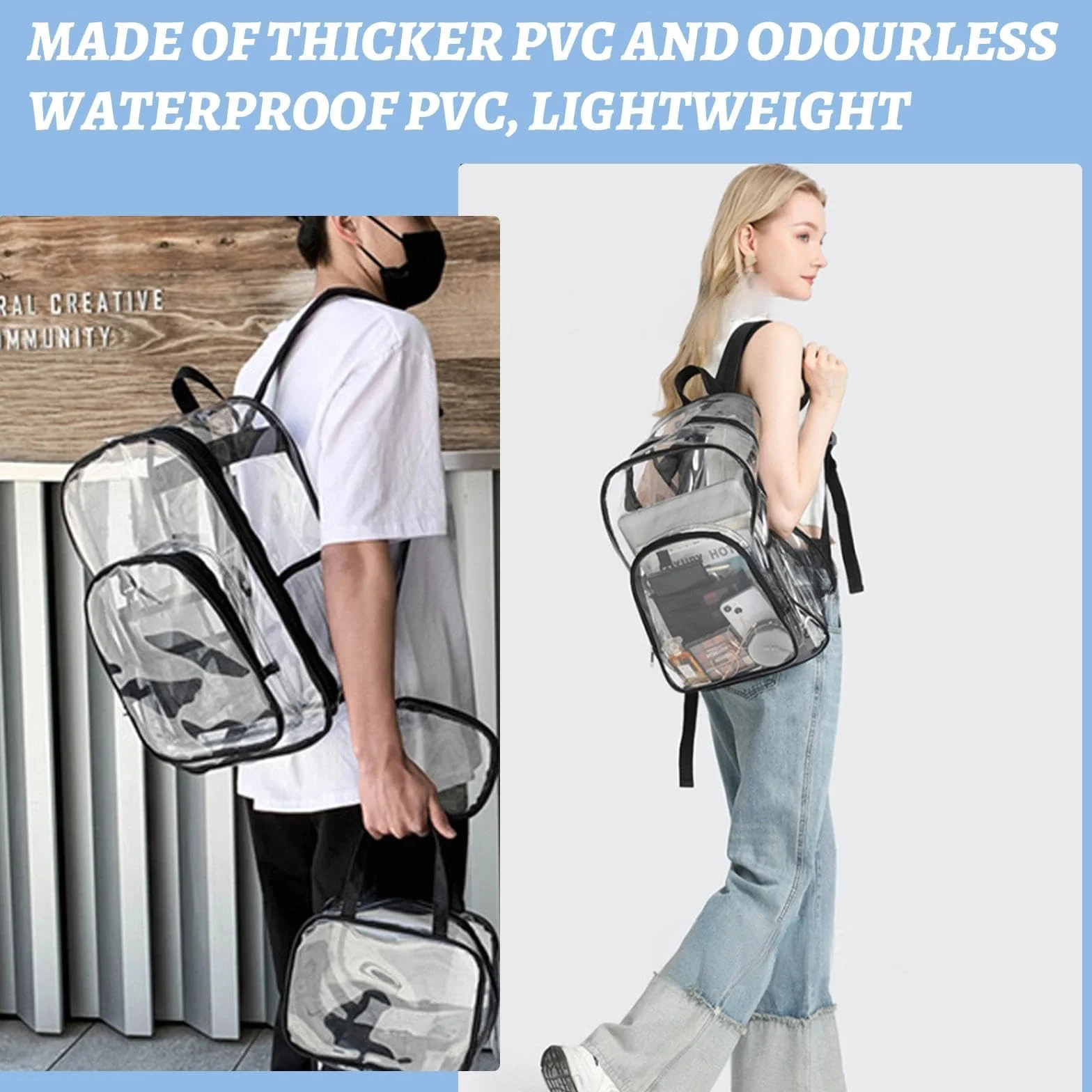 Sac à Dos Transparent Imperméable PVC pour Sécurité, Voyages, Concerts et Sport