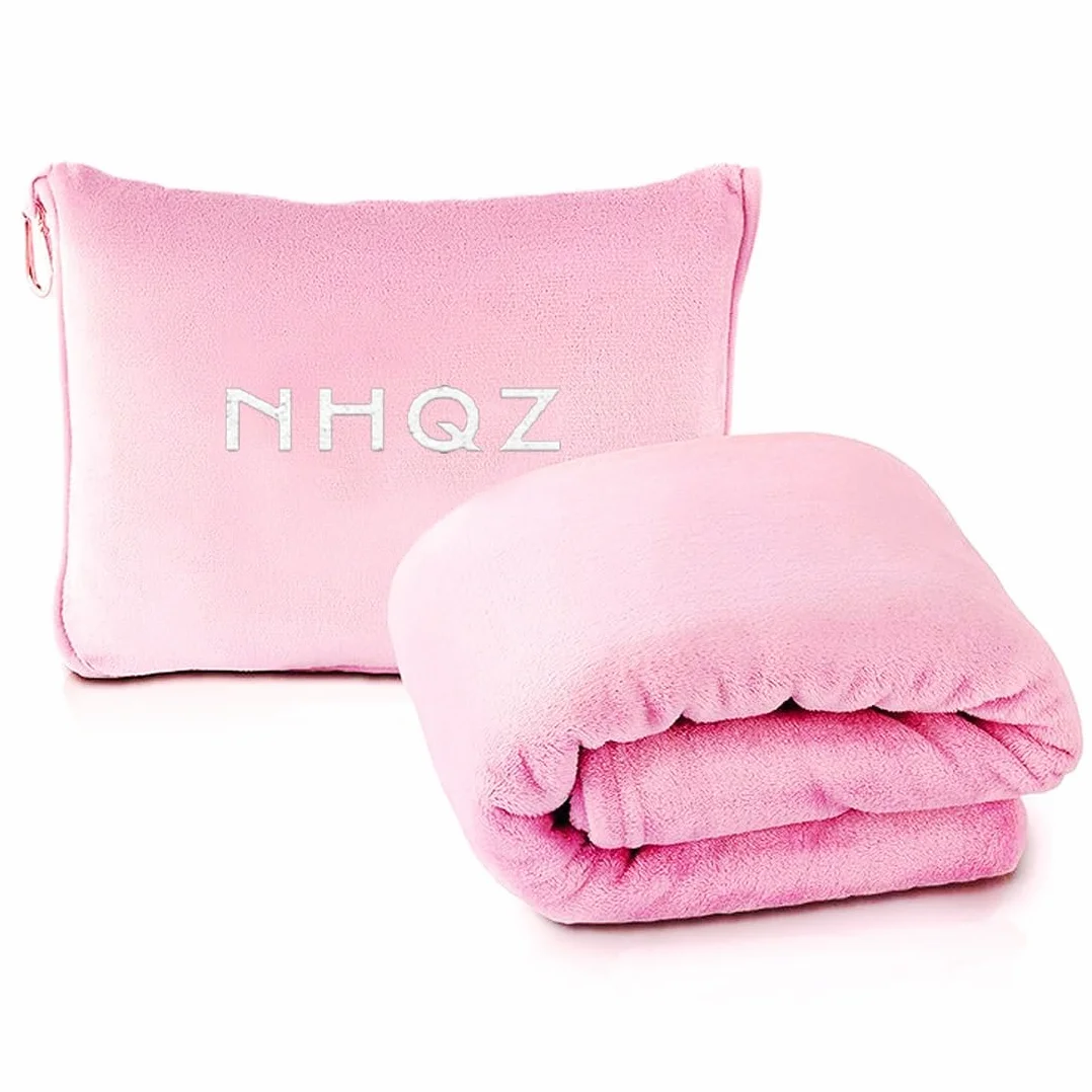 NHQZ Couverture de Voyage Douce et Chaude pour Avion et Voiture - Oreiller Compact avec Clip pour Sac à Dos (Rose)