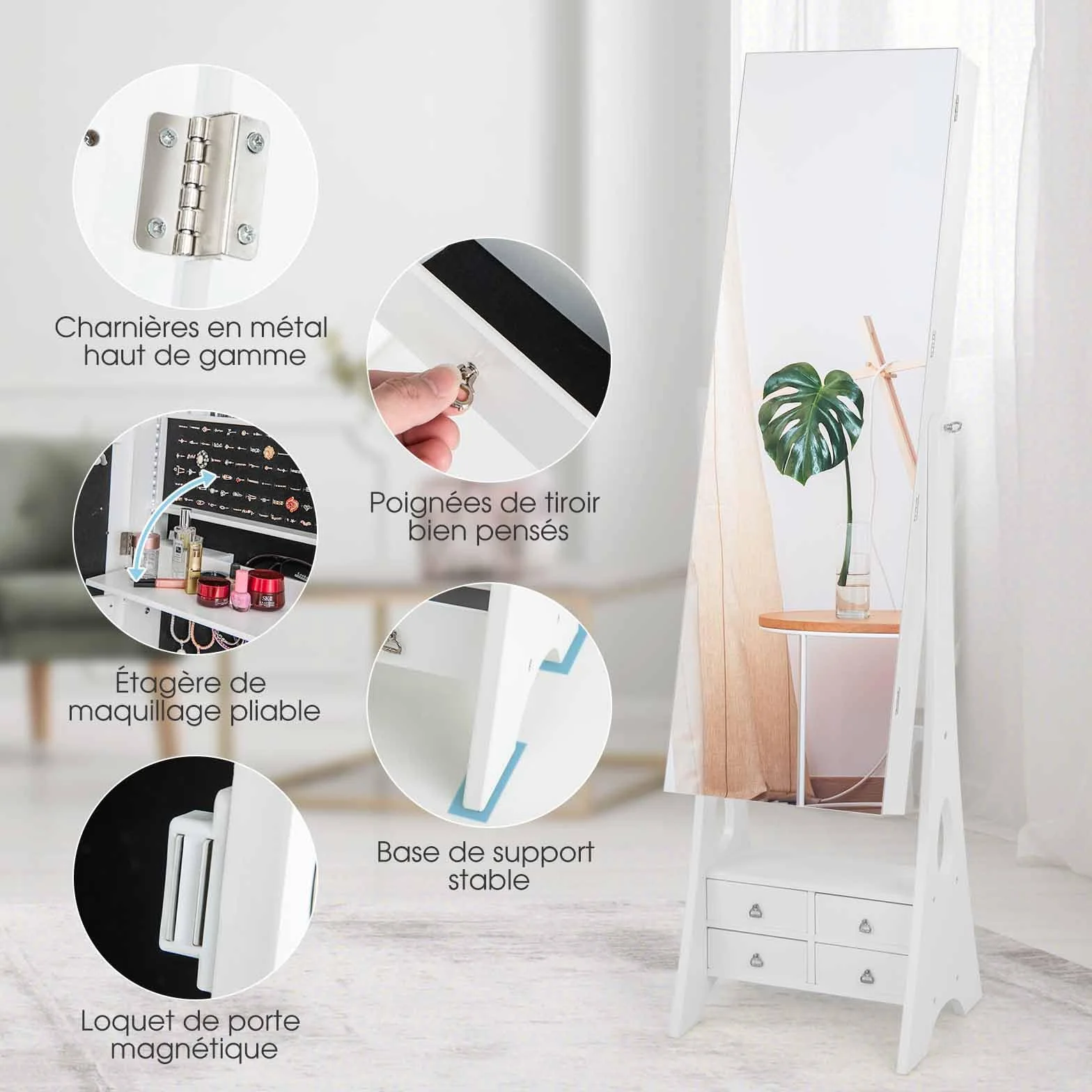 COSTWAY Armoire à Bijoux avec Miroir Pleine Longueur, Lumières LED Intégrées, Étagère de Maquillage Pliable, Blanc