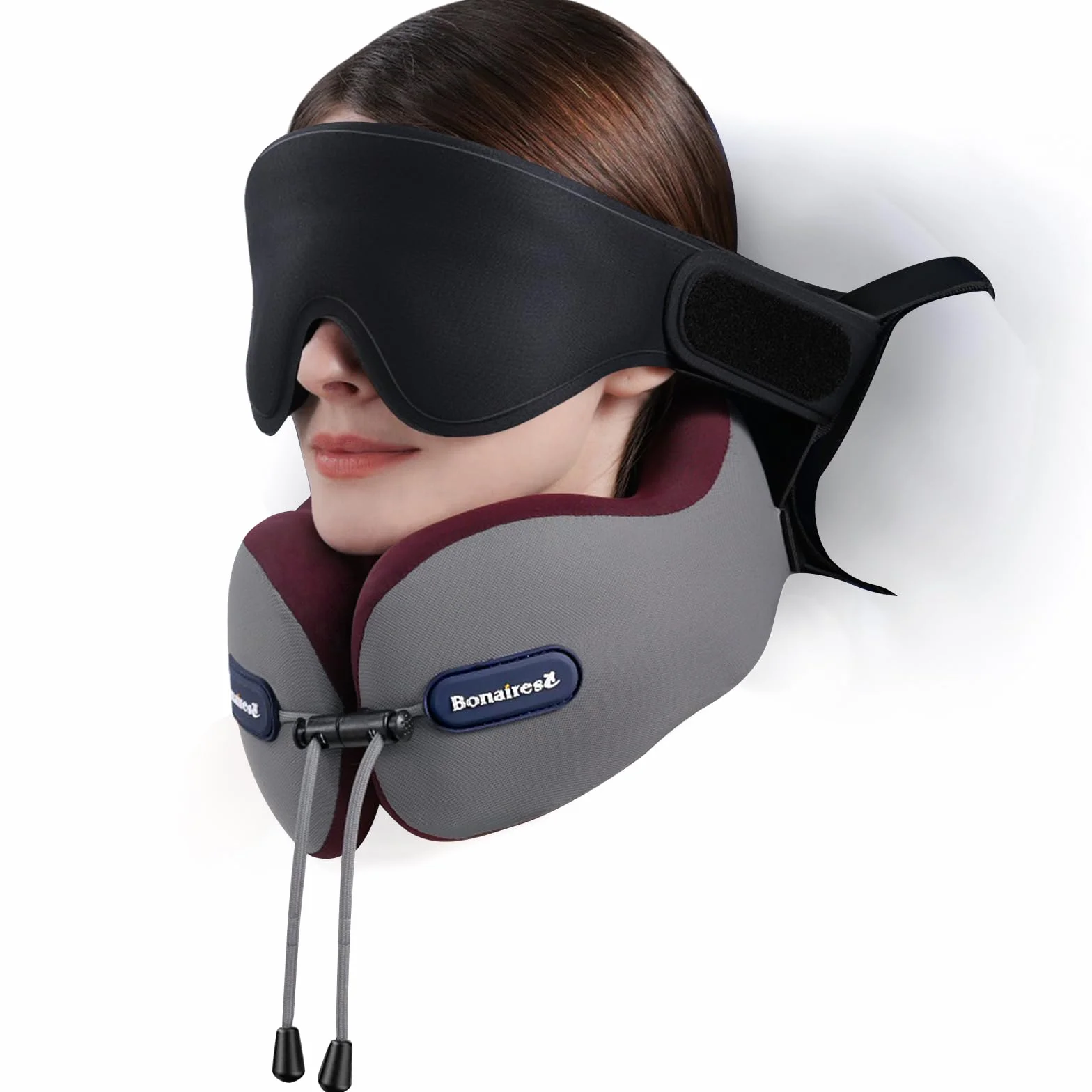 Oreiller de Voyage Coussin Cervical Avion Masque de Sommeil 3D Sangle de Siège Mousse Double Densité Gris/Rouge