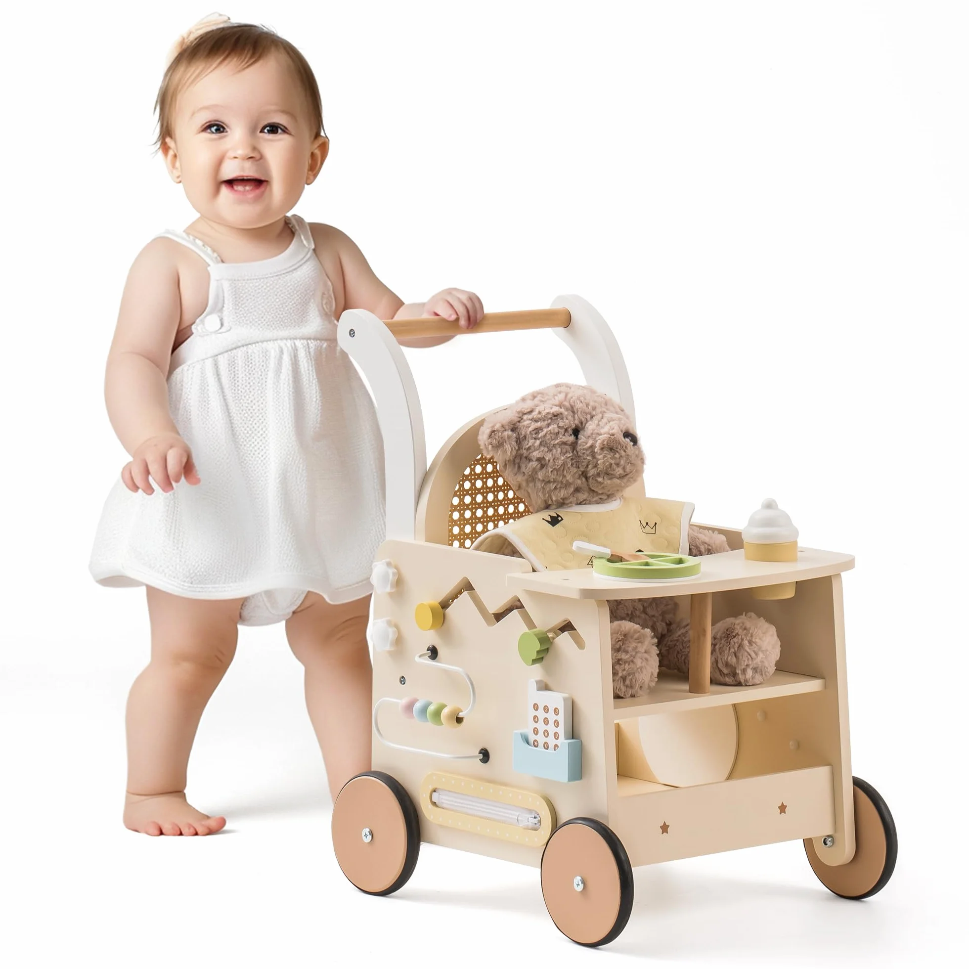 ROBOTIME landau en bois pour bébé, poussette de marche à pousser/tirer, marcheur avec contrôle de vitesse, dès 10 mois