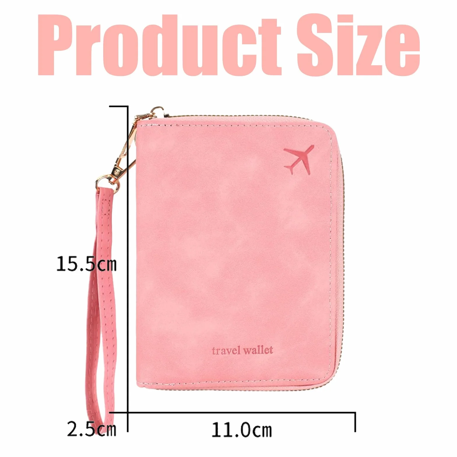 Portefeuille de voyage RFID rose similicuir avec fermeture zippée et sangle de poignet