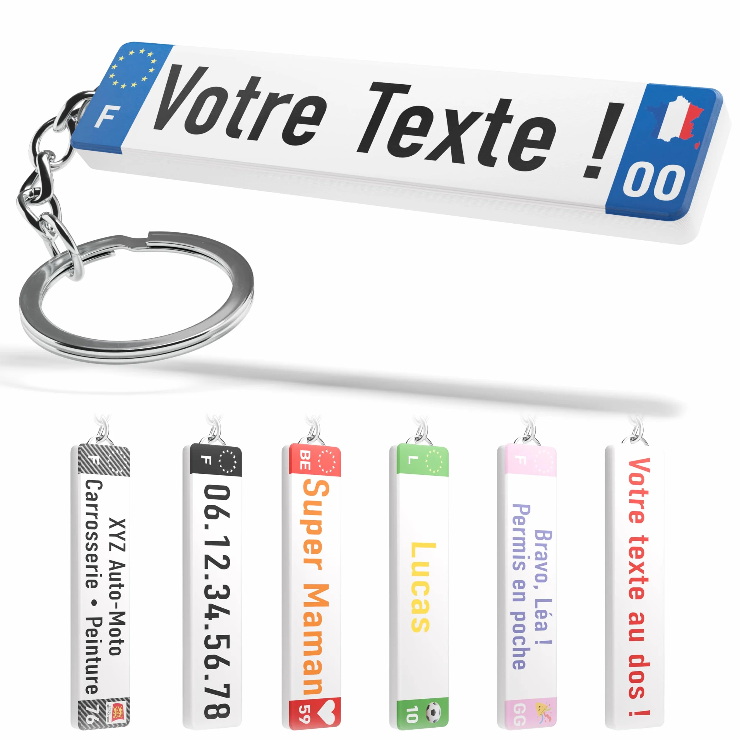 Porte-Clés Personnalisé Plaque Immatriculation Personnalisable Prénom Texte Impression 3D UV Accessoire Voiture Moto Fabriqué France