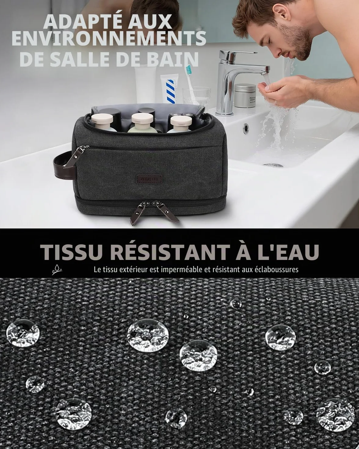 ZOMFELT Trousse de Toilette Homme Double Couche Toile Imperméable Grande Capacité Suspendue Noir