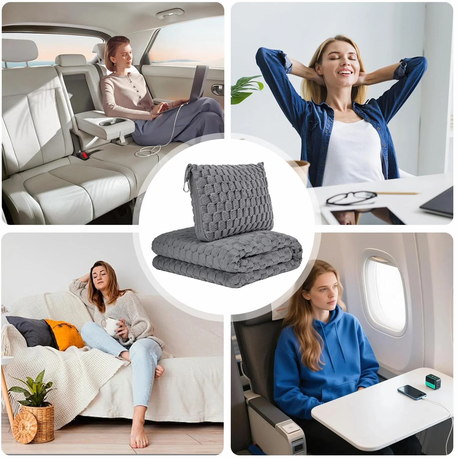 Couverture de voyage compacte pliable en flanelle douce pour avion voiture oreiller gris
