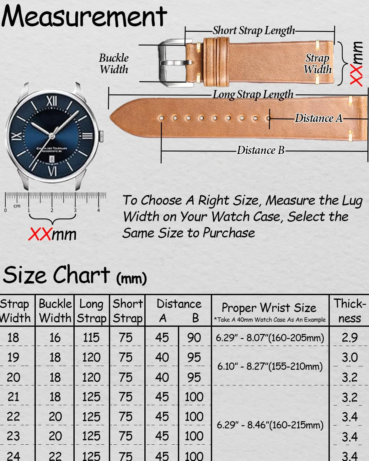 REZERO Bracelet de Montre à Dégagement Rapide, Sangle en Cuir Véritable de Veau Italien pour Homme Femme 18mm 19mm 20mm 21mm 22mm 23mm 24mm