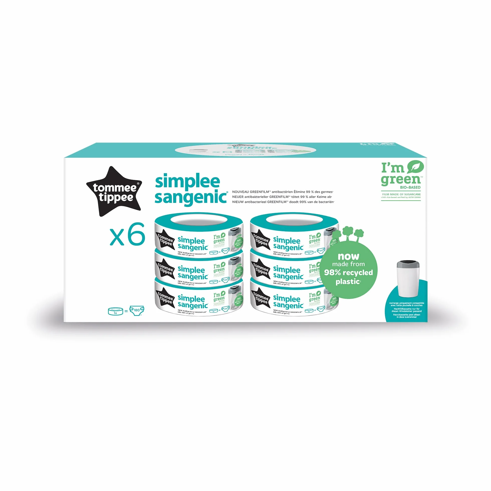 Tommee Tippee Recharges de Poubelle à Couches Simplee Sangenic, Protection Anti-Odeur et Anti-Germe, Lot de 6