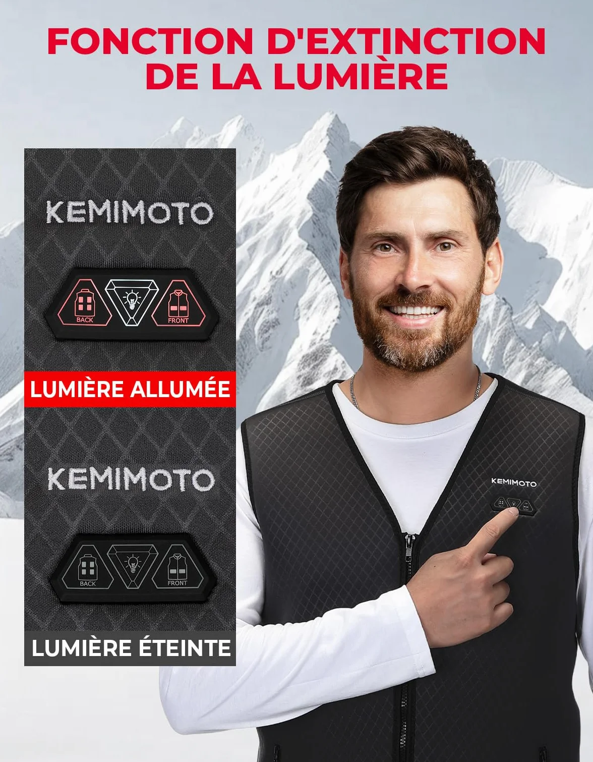 KEMIMOTO Gilet Chauffant Homme 6 Zones de Chaleur 3 Niveaux de Chauffage Tissu de Plongée Doublure en Velours Cristal Ski Pêche Moto