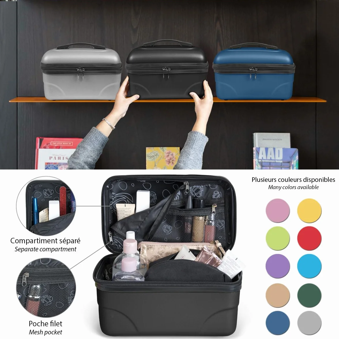 KINSTON Vanity Trousse de Toilette Cosmétiques Rigide avec Poignée Organisateur de Voyage Grande Capacité Noir