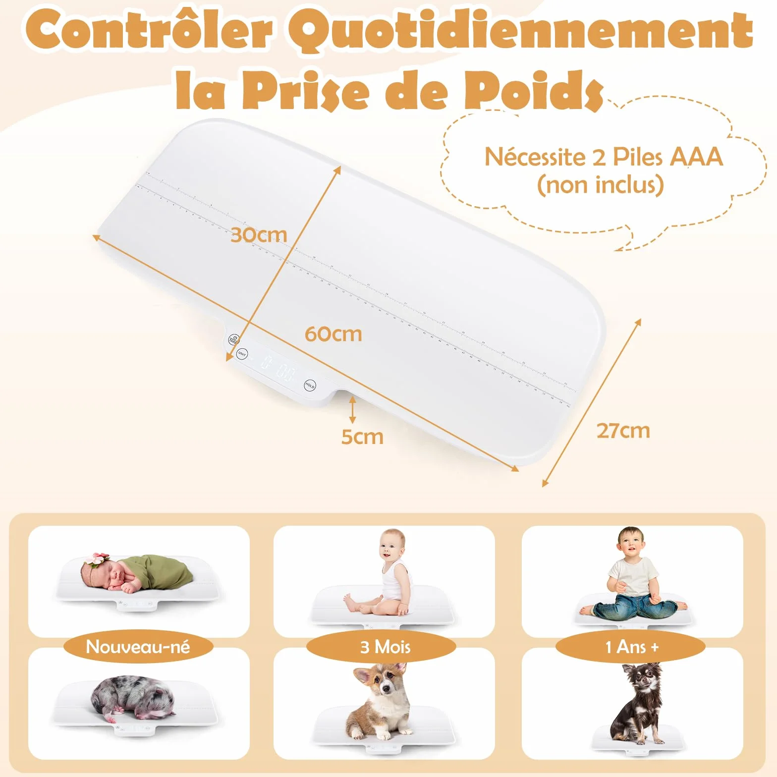DREAMADE Pèse-bébé Numérique 30KG Balance Enfants Animal Multifonctionnel 4 Modes Affichage LED Précise 2g Fonction Maintien Échelle 60CM Bluetooth