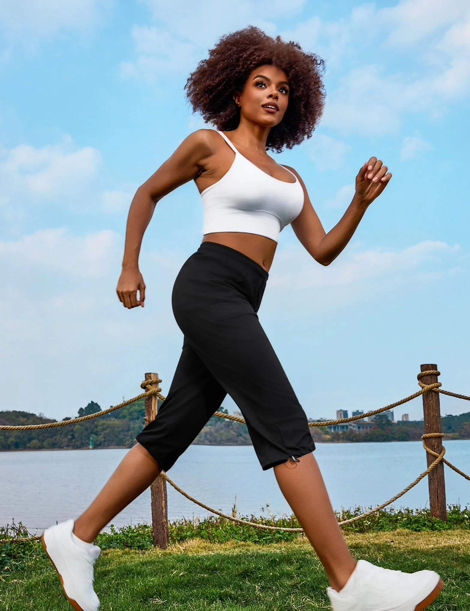 Pantalon de Sport Femme 3/4 Taille Haute Pantacourt Été Coton Doux Jogging pour Yoga Randonnée