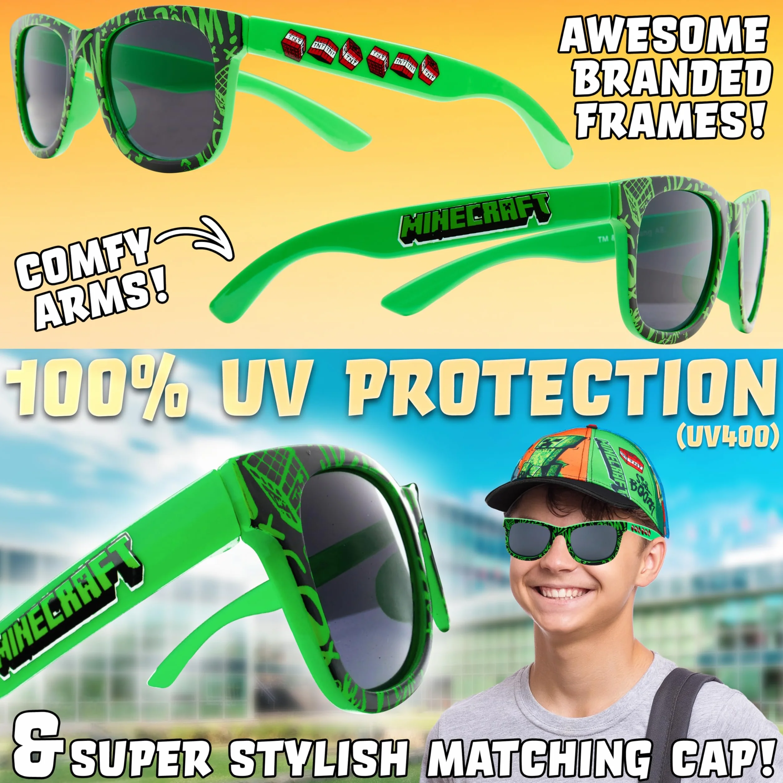 Minecraft Ensemble Casquette Trucker Enfant et Lunettes de Soleil 100% UV Protection Creeper Accessoire Été