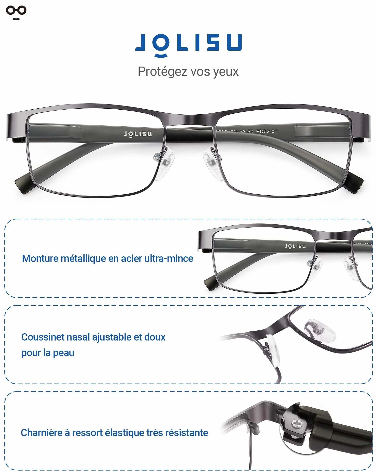 JOLISU 5PCS Lunettes de lecture pour hommes - Monture métallique fine bloquant la lumière bleue