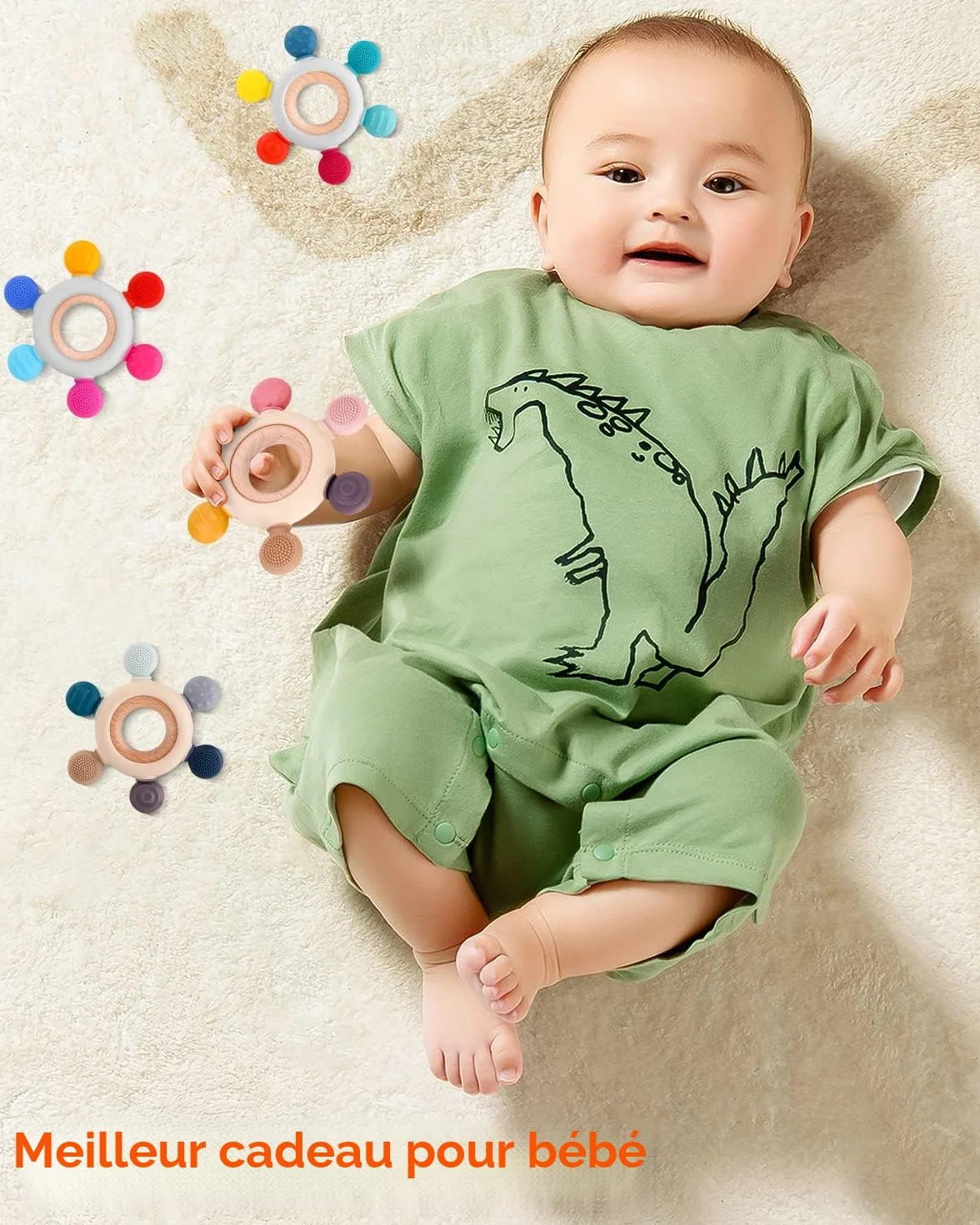 Anneau de Dentition Bébé Silicone Bois Sans BPA 3-12 Mois Jouet Dentition