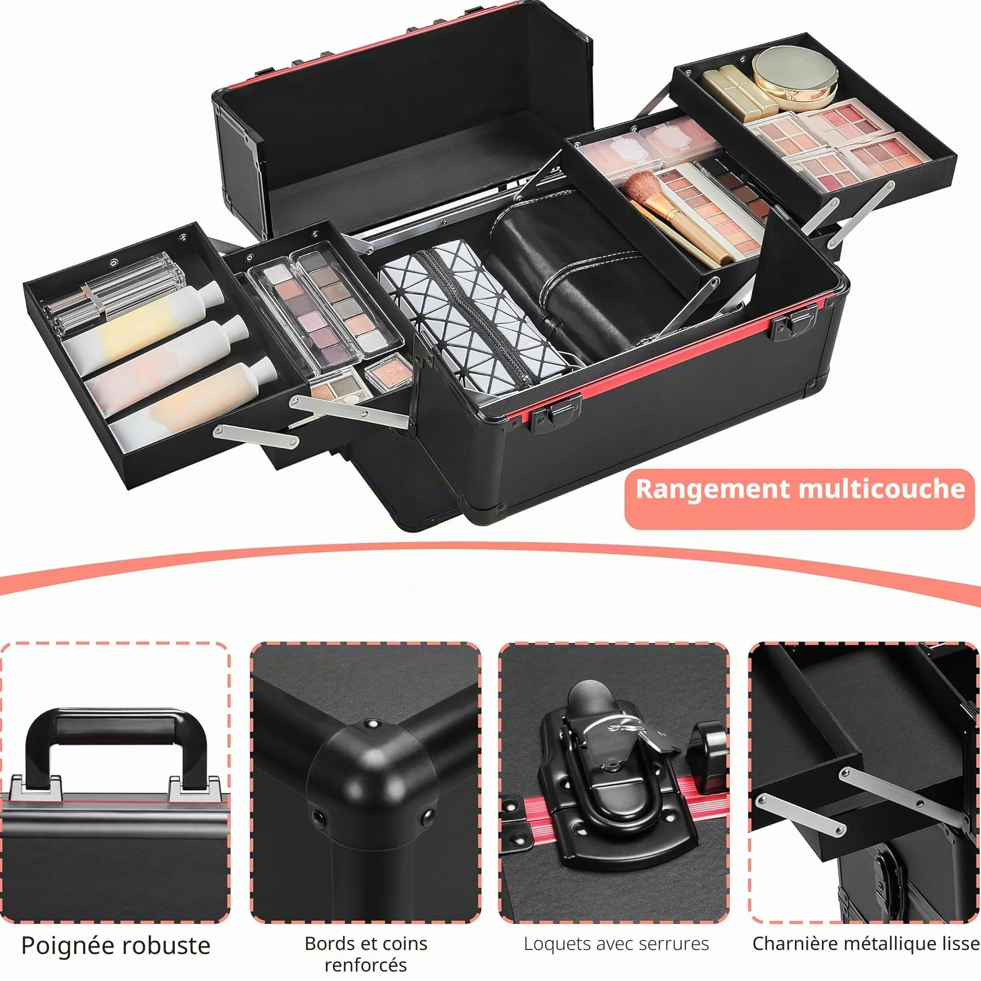 Yaheetech Valise Maquillage à roulettes 4 en 1 Cadre Aluminium Professionnelle Noir