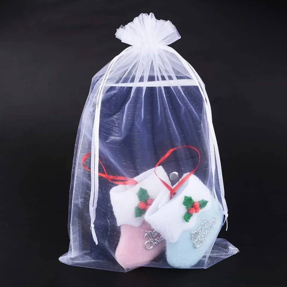 Sacs Organza 20x30cm Pochettes Cadeau avec Cordon de Serrage Blanc 100pcs