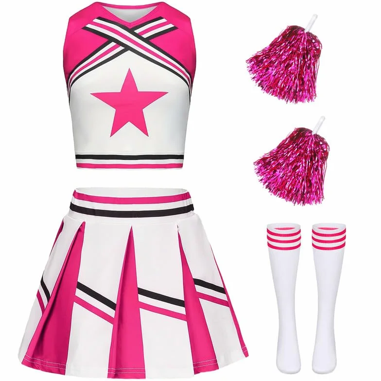 Costume Pom Pom Girl Enfant avec Bandeau Pompons et Chaussettes pour Carnaval Halloween