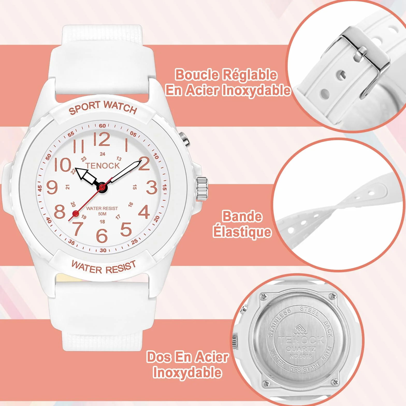 Montre de Sport Femmes Hommes Analogique Quartz Étanche 50M Veilleuse