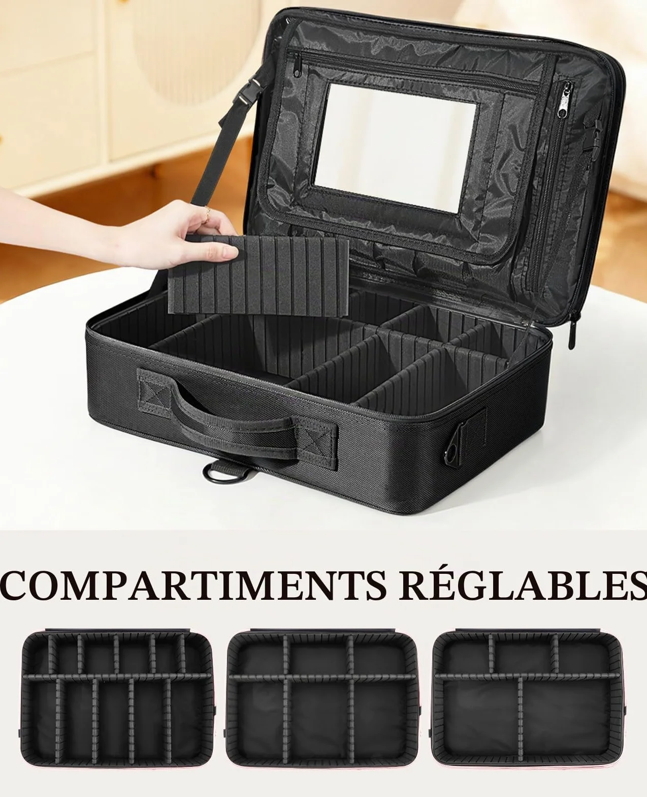 Luxspire Malette Maquillage Femme Trois Étages Portable Miroir Valise Sac Toilette Compartiment Réglable Noir