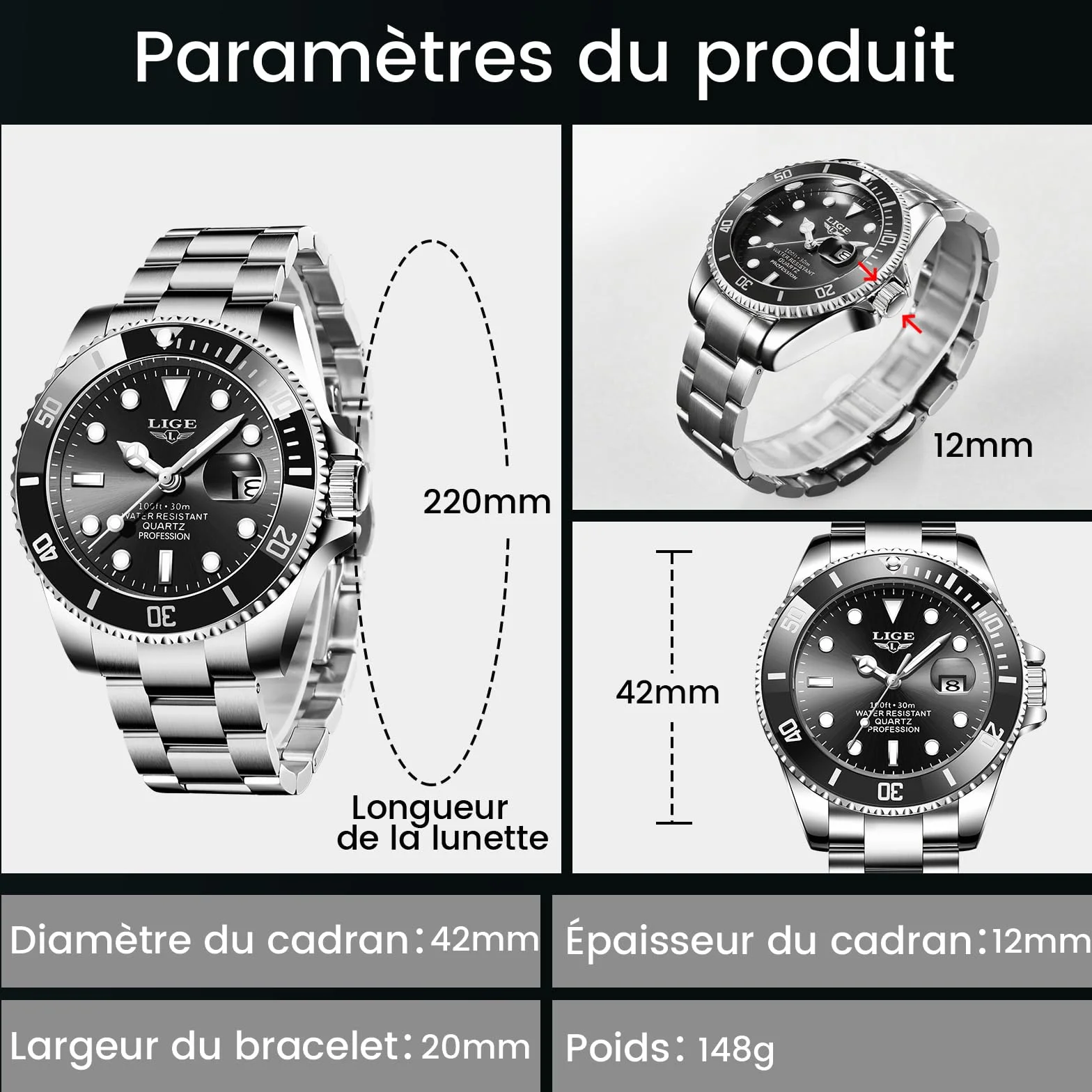 LIGE Montre Homme Acier Inoxydable Quartz Analogique étanche 3 ATM 30M