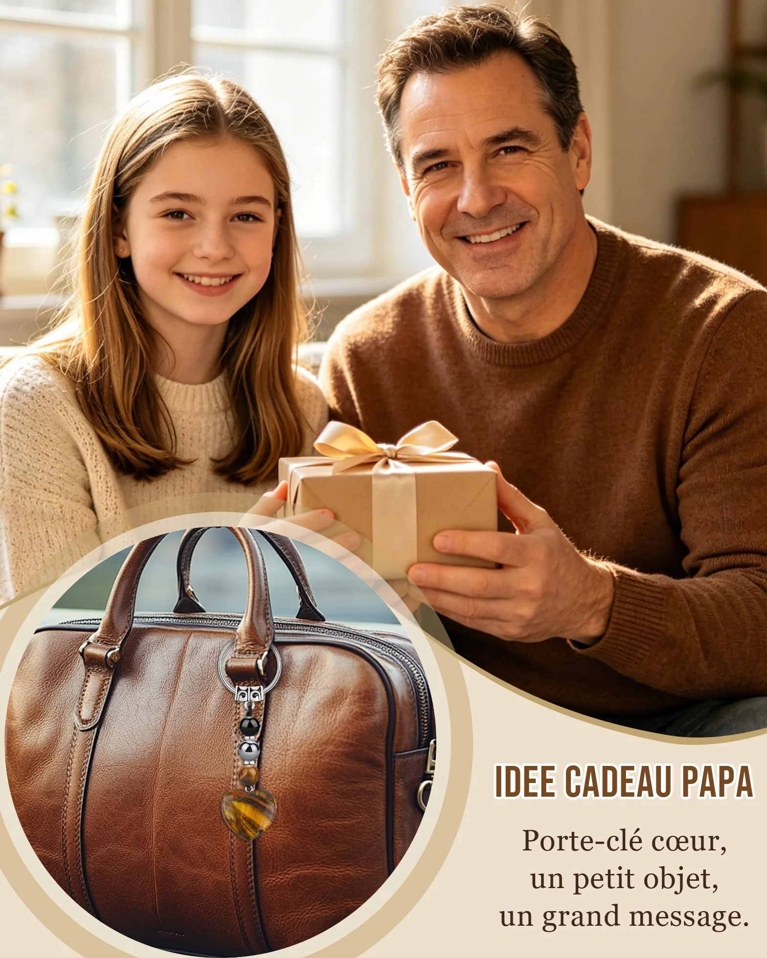 Seyaa Porte Clef Coeur en Oeil de Tigre Cadeau Homme Papa