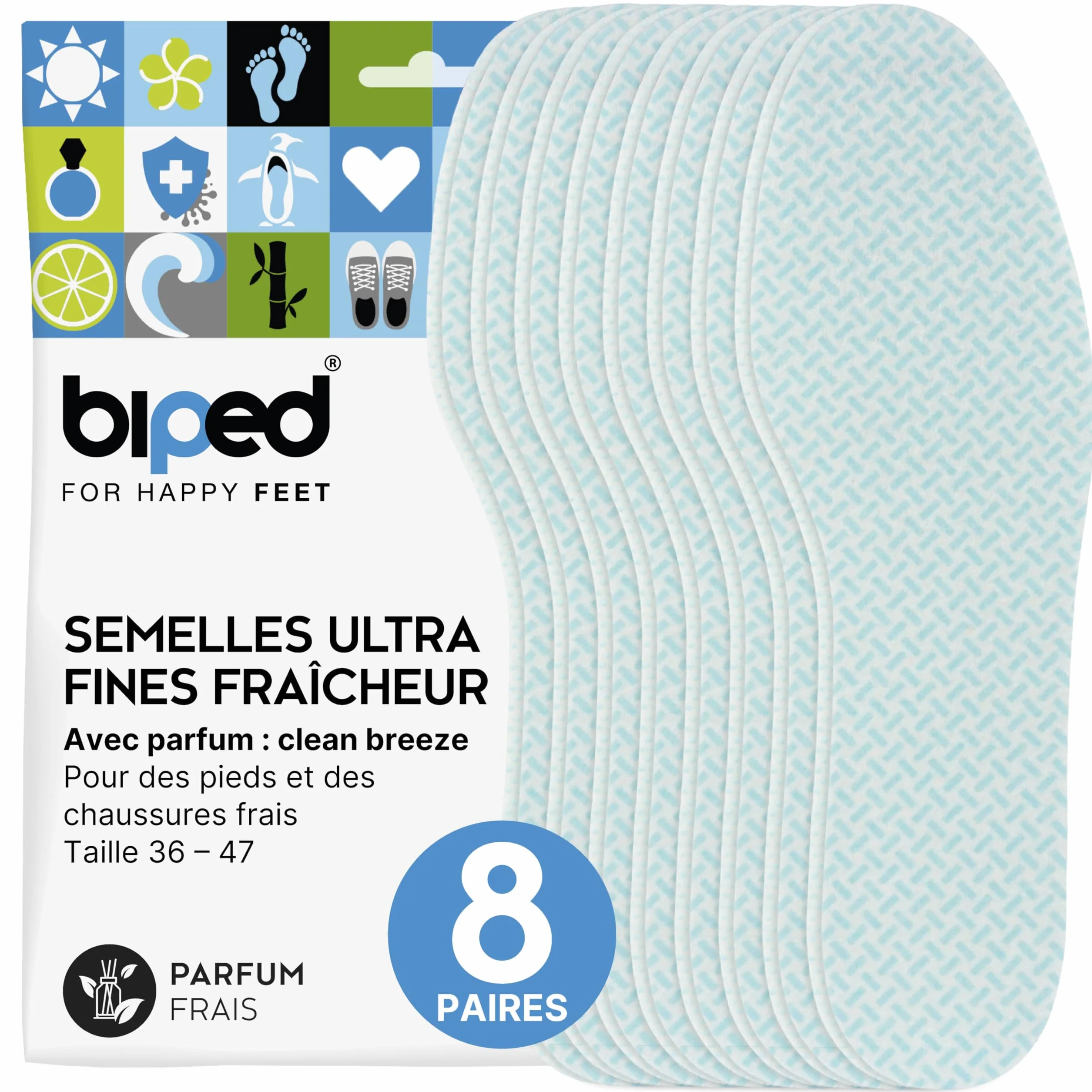 biped FRESH! 8 paires semelles fraîcheur clean breeze - Semelles intérieures extra fines contre odeurs de pieds 40-41