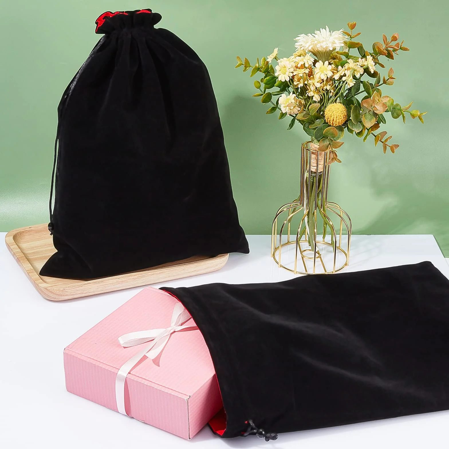 Nbeads 2 Pcs Grandes Pochettes à Bijoux Velours Noir 37x28cm Cordon de Serrage Sacs Cadeaux