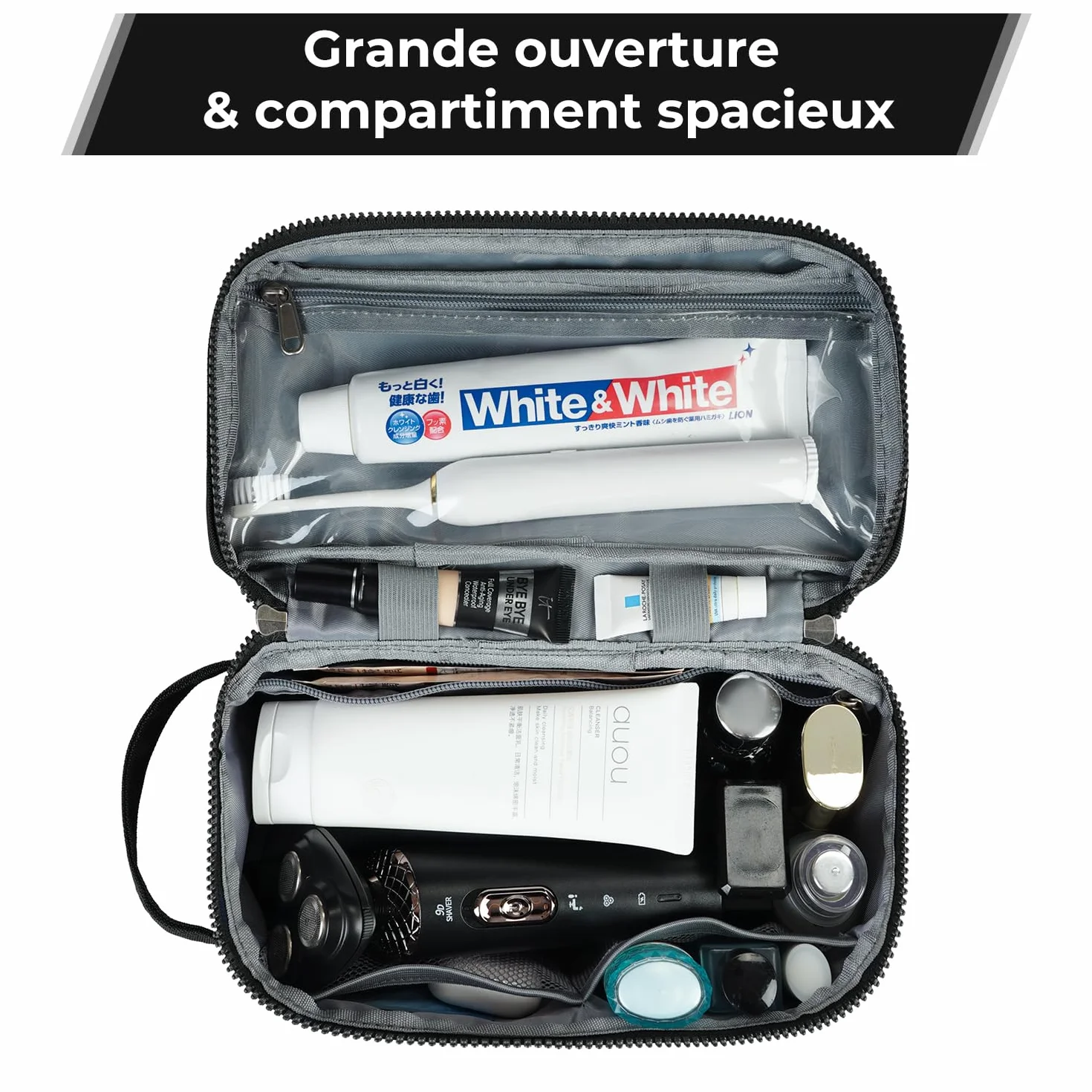 ECOHUB Trousse de Toilette Homme Femme Sac de Rasage Imperméable avec Poches Humides et Sèches pour Rangement Cosmétiques, Noir