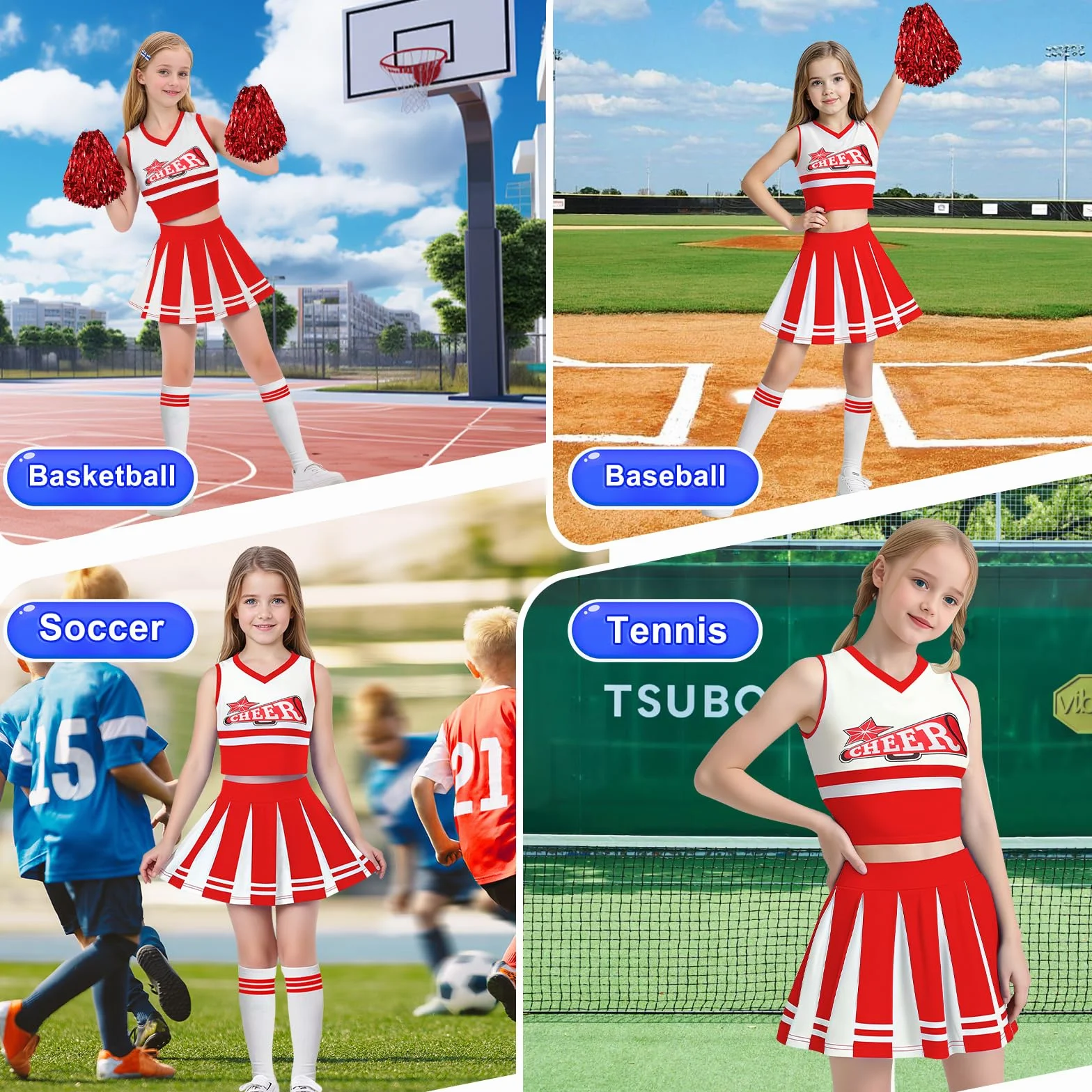 Deguisement Pompom Girl Cheerleader avec Pom Poms Noeud Chaussettes Costume Enfant Uniforme Carnaval Halloween