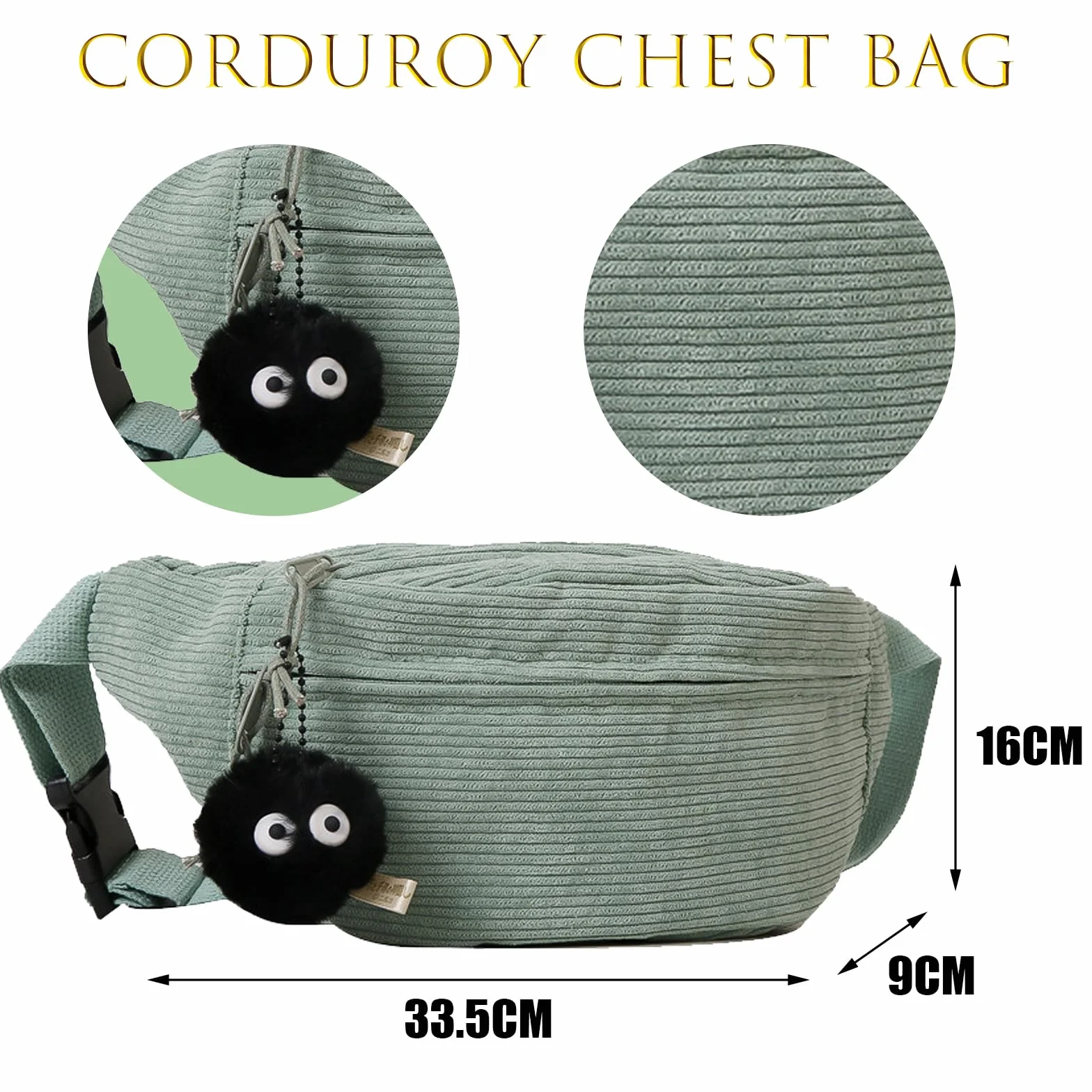 Sac Banane Velours Côtelé, Sac de Ceinture de Couleur Unie, Sangle Réglable (Vert)