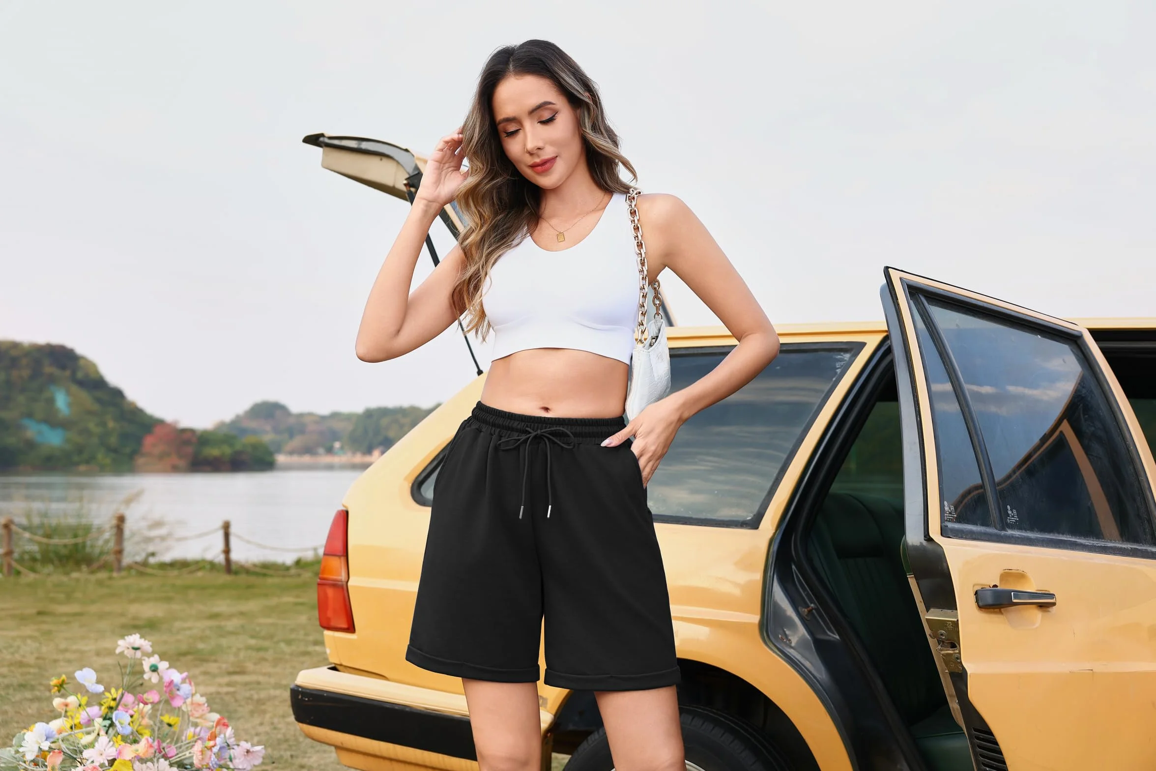 Bermuda Femme Short Sport avec Poches Jogging Running Fitness Été Doux Respirant